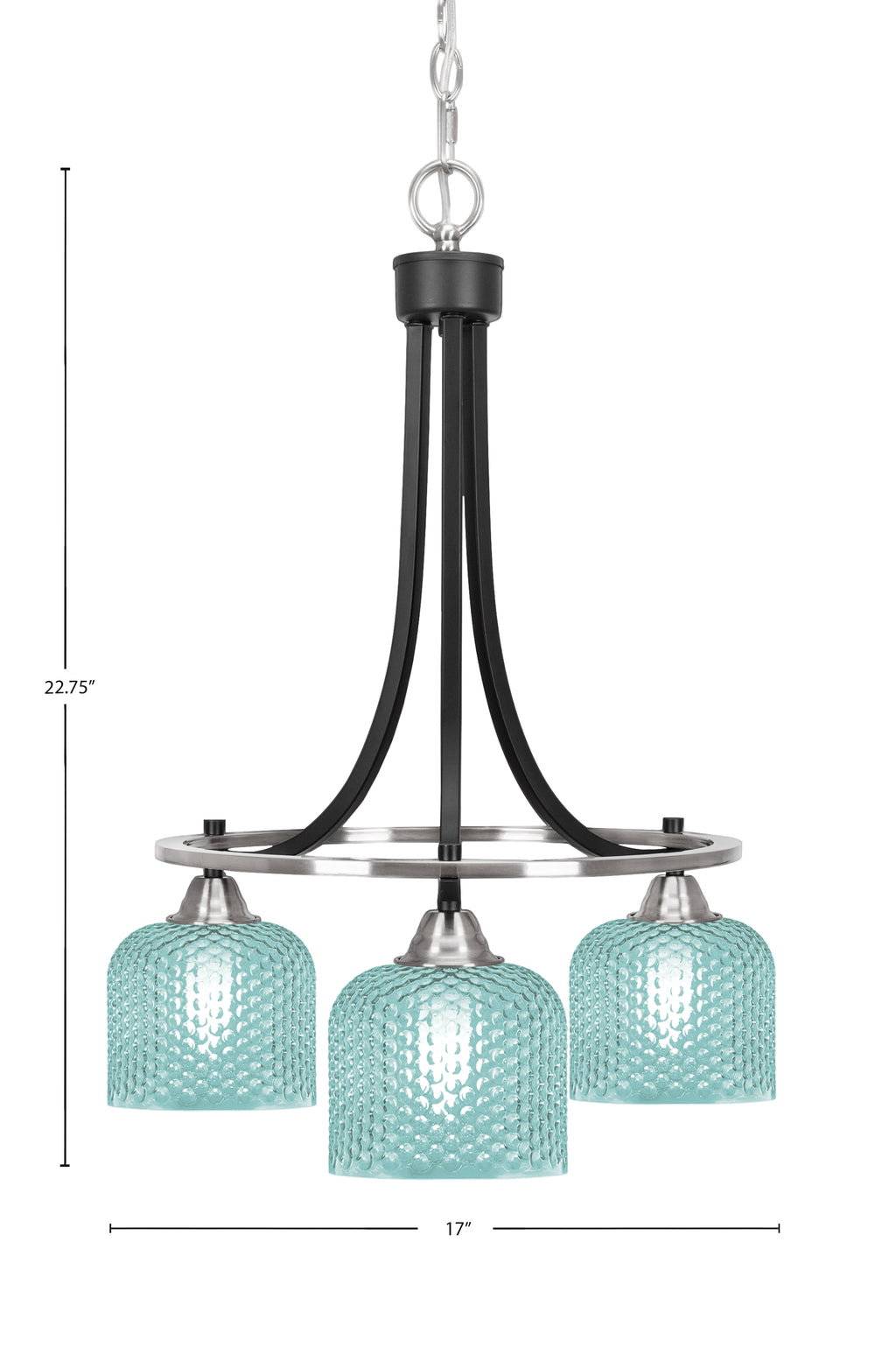 Paramount Three Light Chandelier in Matte Black & Brushed Nickel with Turquoise Textured Shade