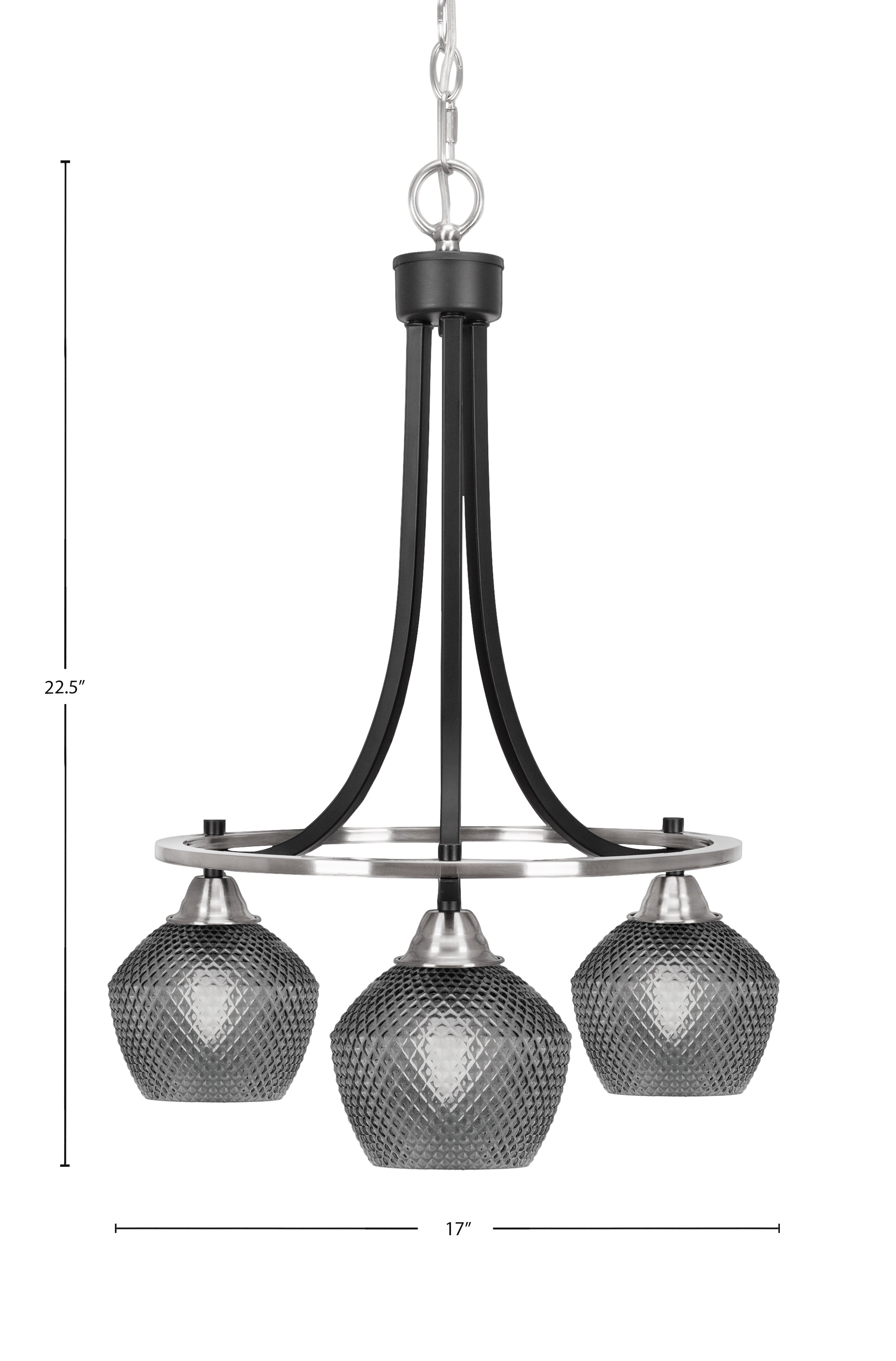 Paramount Three Light Chandelier in Matte Black & Brushed Nickel with Smoke Textured Shade