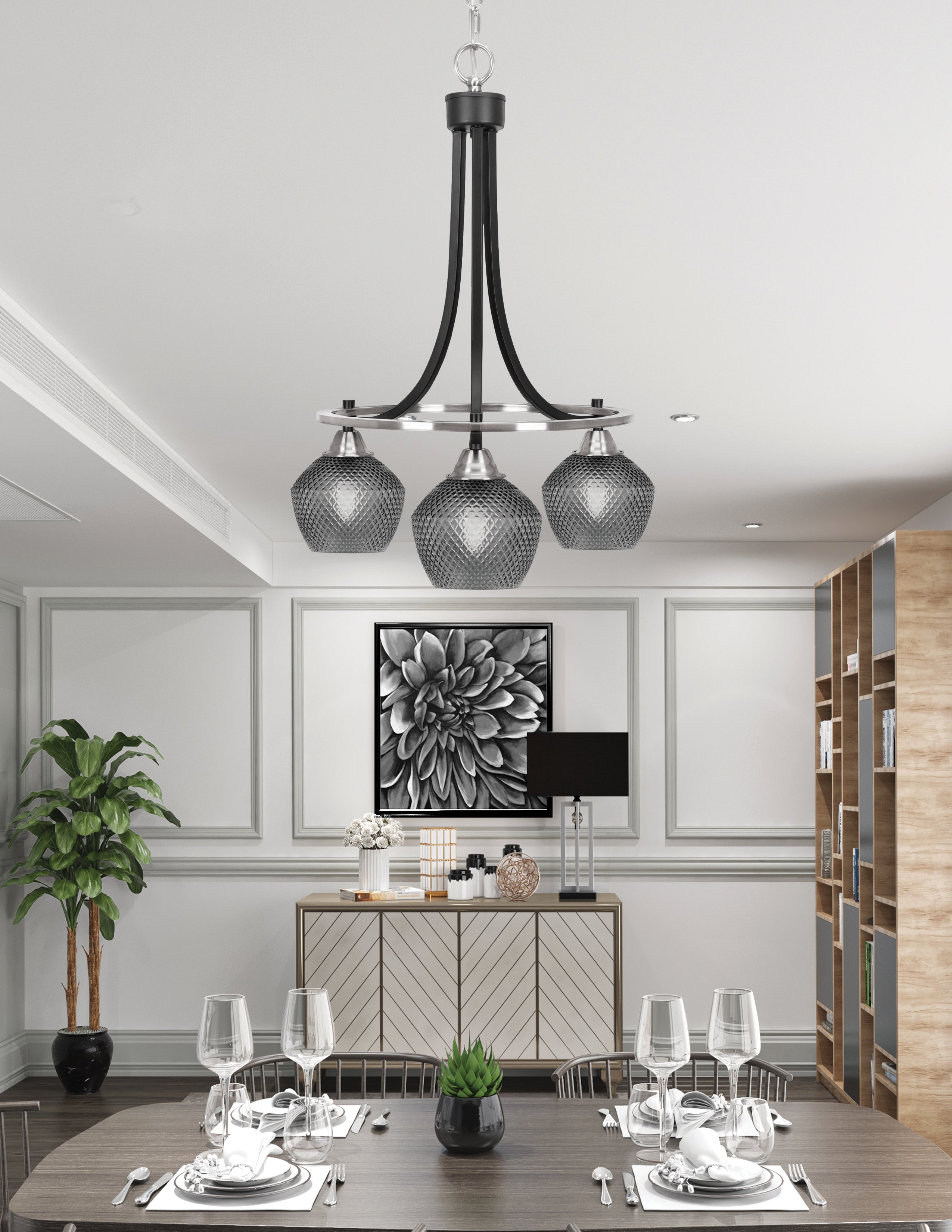 Paramount Three Light Chandelier in Matte Black & Brushed Nickel with Smoke Textured Shade