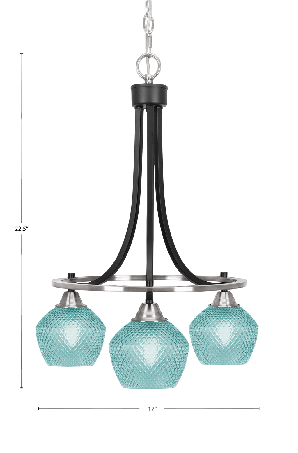 Paramount Three Light Chandelier in Matte Black & Brushed Nickel with Turquoise Textured Shade