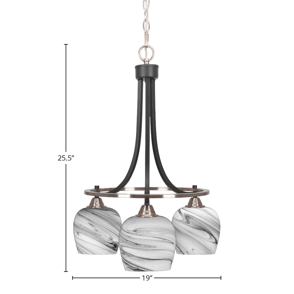 Paramount Three Light Chandelier in Matte Black & Brushed Nickel with 6" Onyx Swirl Shade