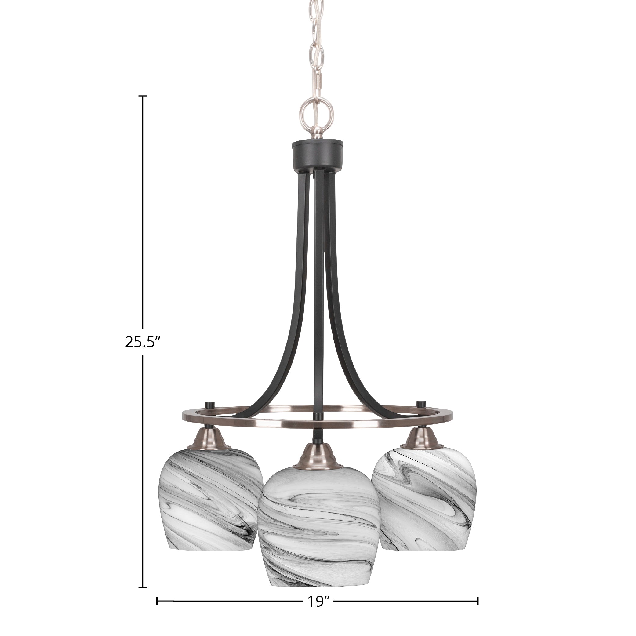 Paramount Three Light Chandelier in Matte Black & Brushed Nickel with 6" Onyx Swirl Shade