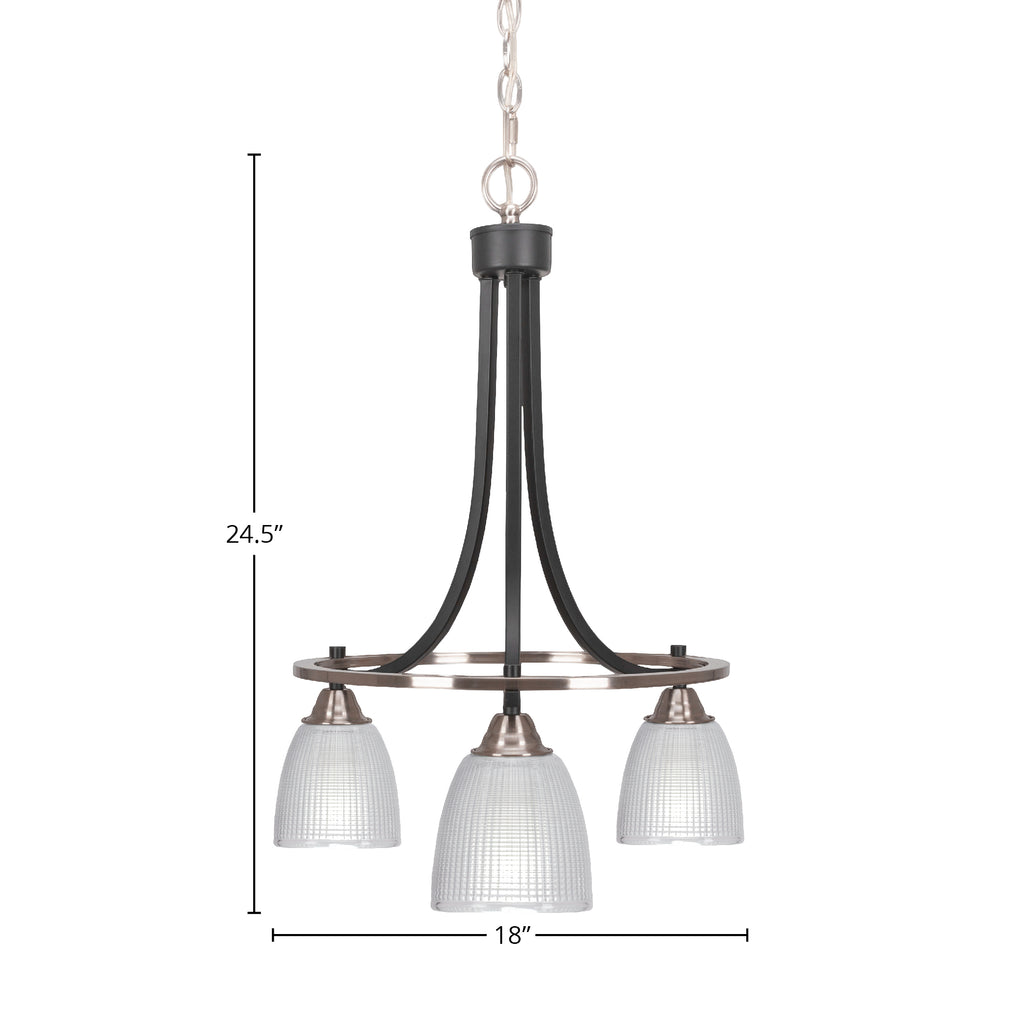 Paramount Three Light Chandelier in Matte Black & Brushed Nickel with 5" Clear Ribbed Shade