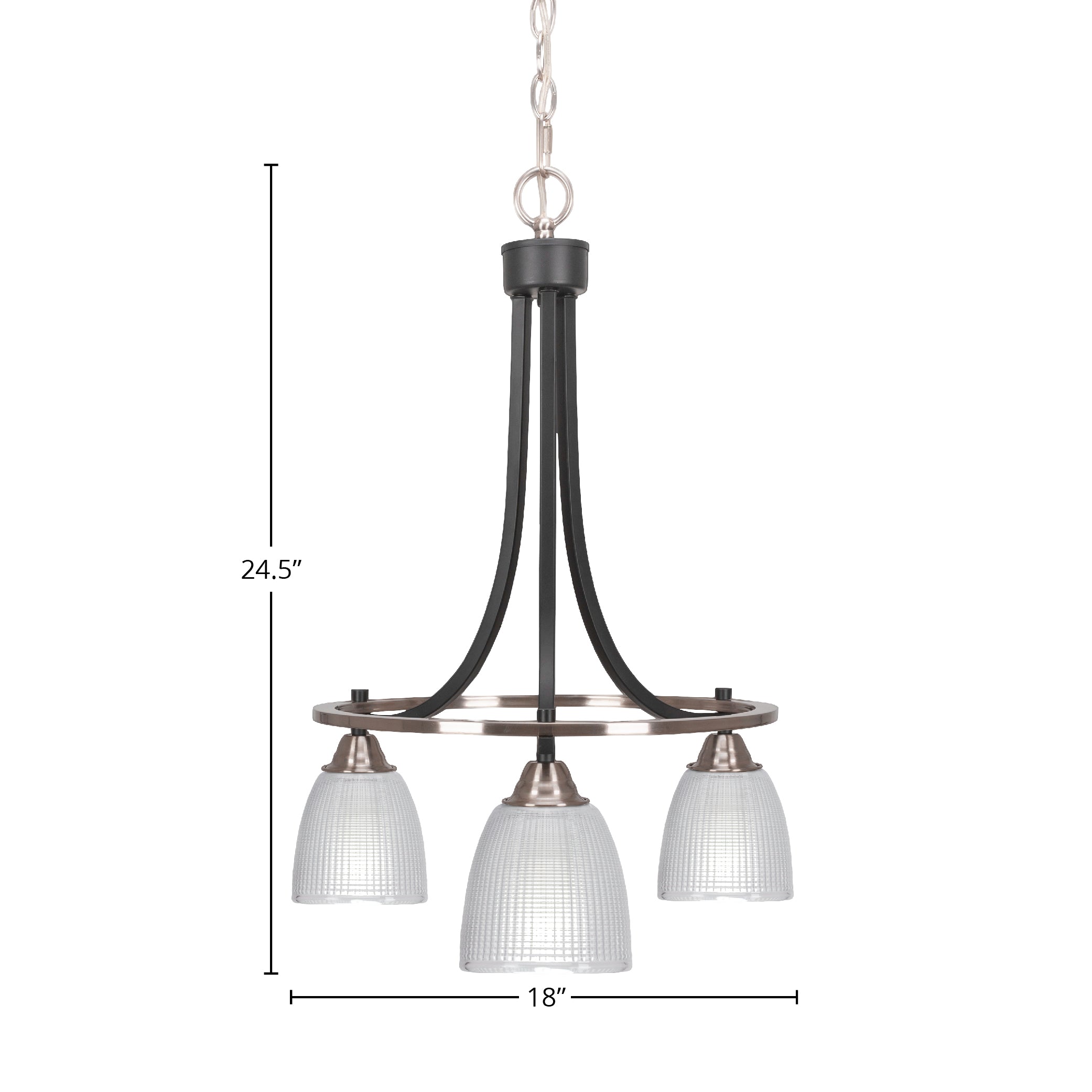 Paramount Three Light Chandelier in Matte Black & Brushed Nickel with 5" Clear Ribbed Shade
