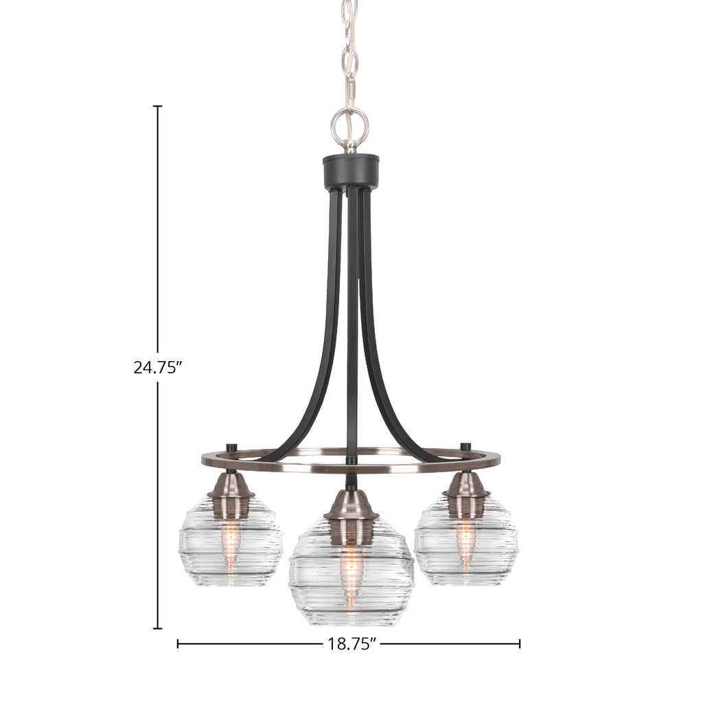 Paramount Three Light Chandelier in Matte Black & Brushed Nickel with 6" Clear Ribbed Shade