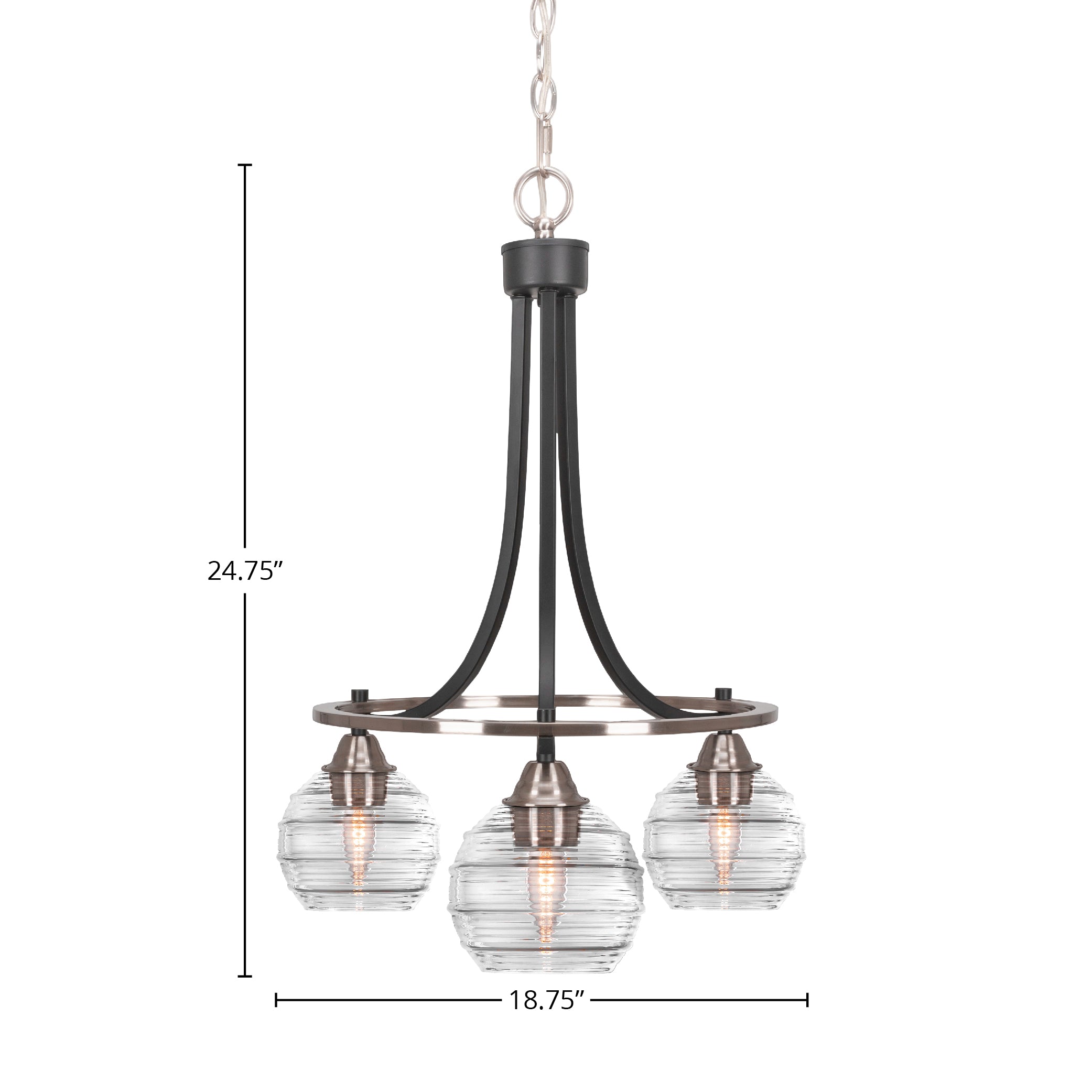 Paramount Three Light Chandelier in Matte Black & Brushed Nickel with 6" Clear Ribbed Shade
