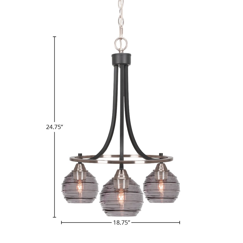 Paramount Three Light Chandelier in Matte Black & Brushed Nickel with 6" Smoke Ribbed Shade