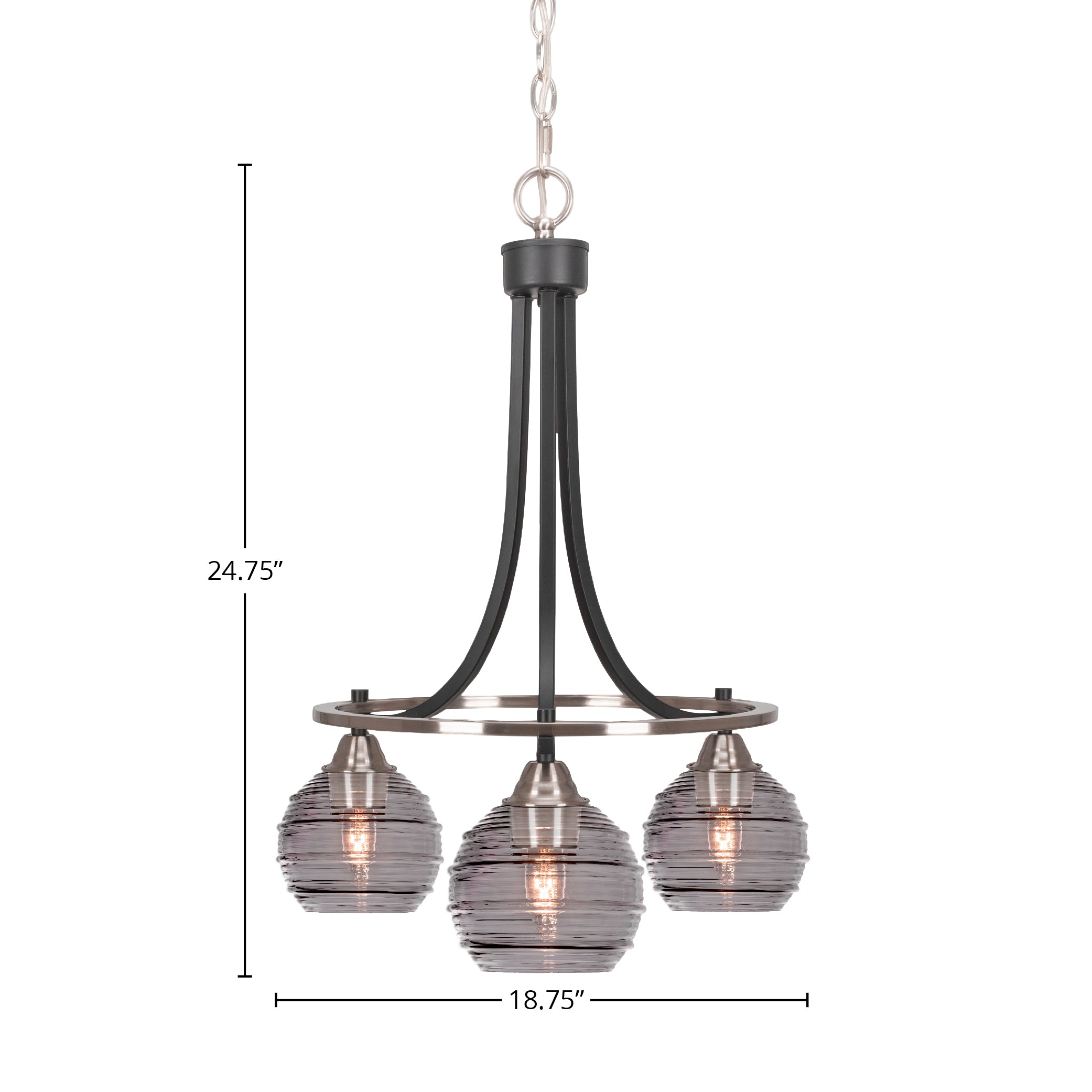 Paramount Three Light Chandelier in Matte Black & Brushed Nickel with 6" Smoke Ribbed Shade