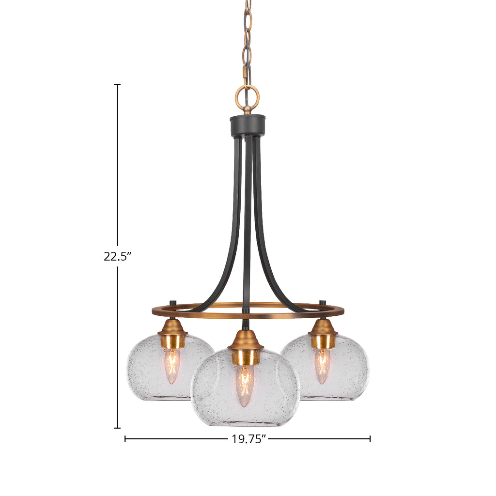 Paramount Three Light Chandelier in Matte Black & Brass with 7" Clear Bubble Shade