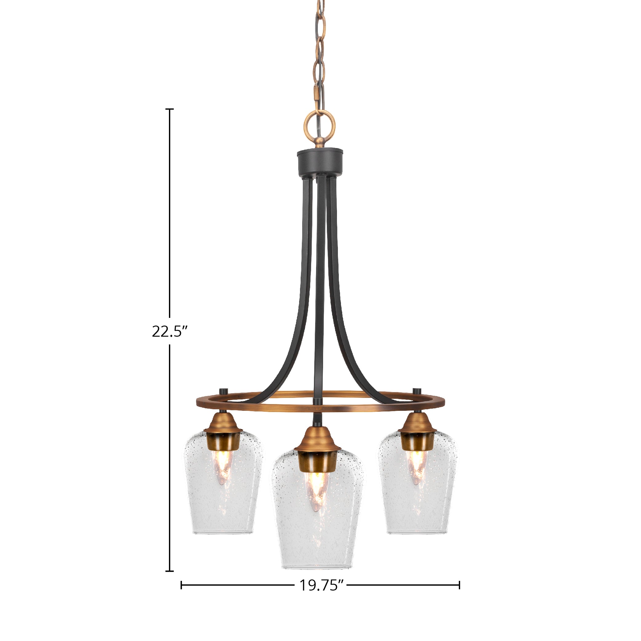 Paramount Three Light Chandelier in Matte Black & Brass with 5" Clear Bubble Shade
