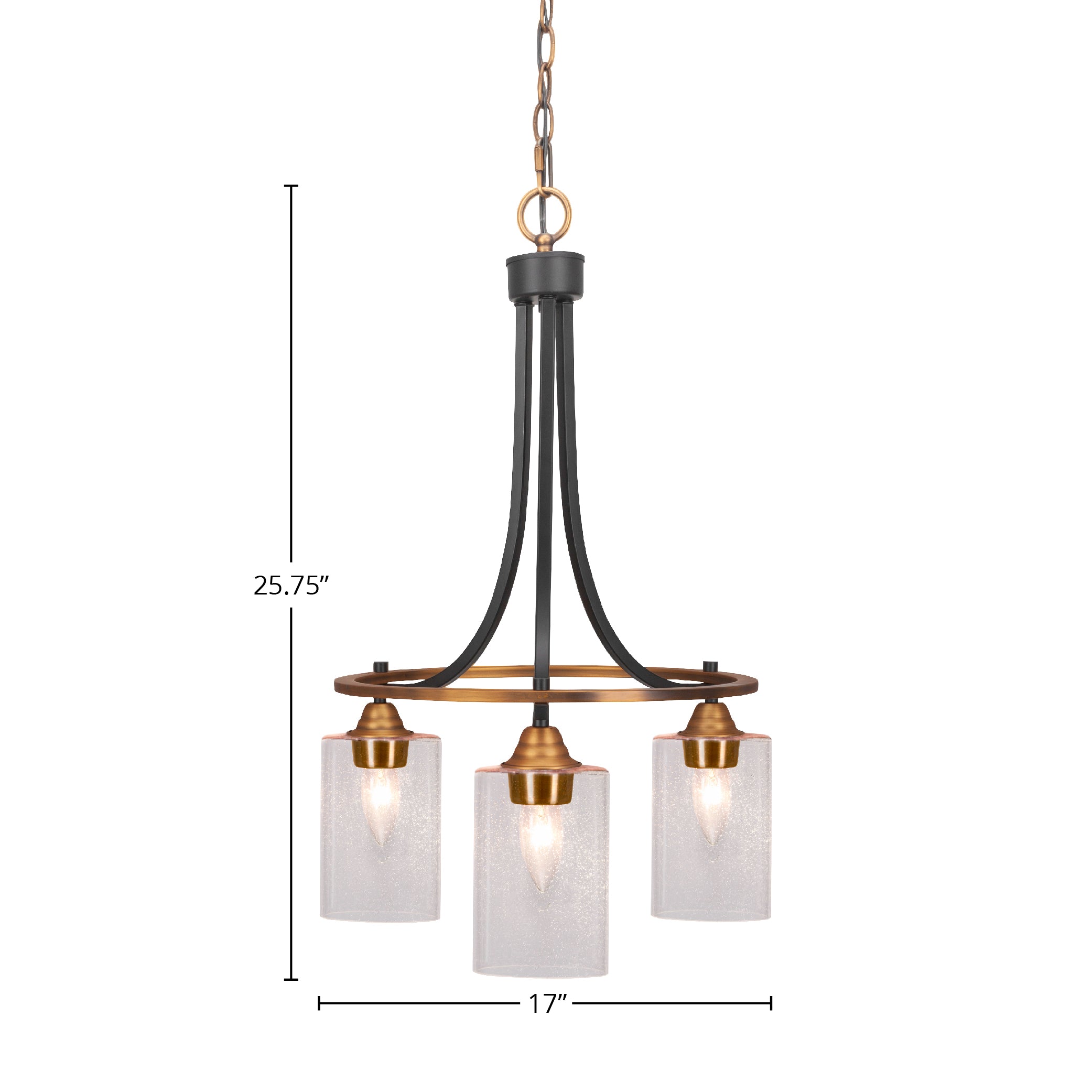 Paramount Three Light Chandelier in Matte Black & Brass with 4" Clear Bubble Shade