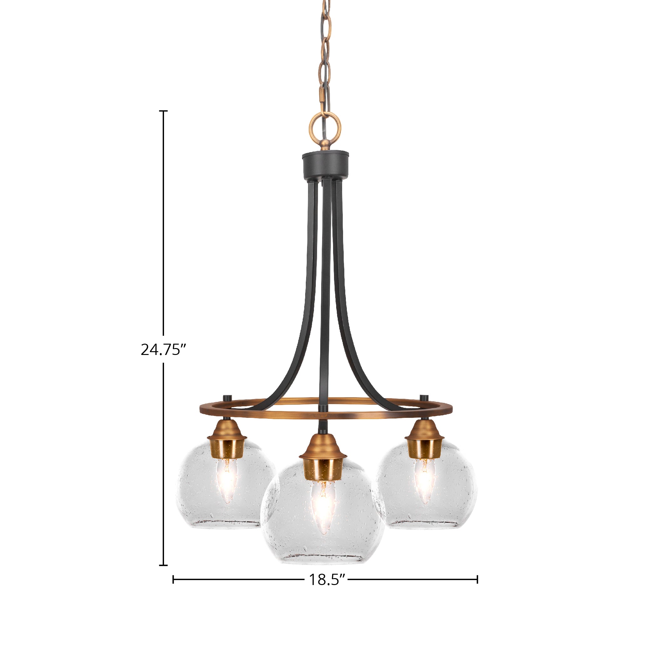Paramount Three Light Chandelier in Matte Black & Brass with 5.75" Clear Bubble Shade