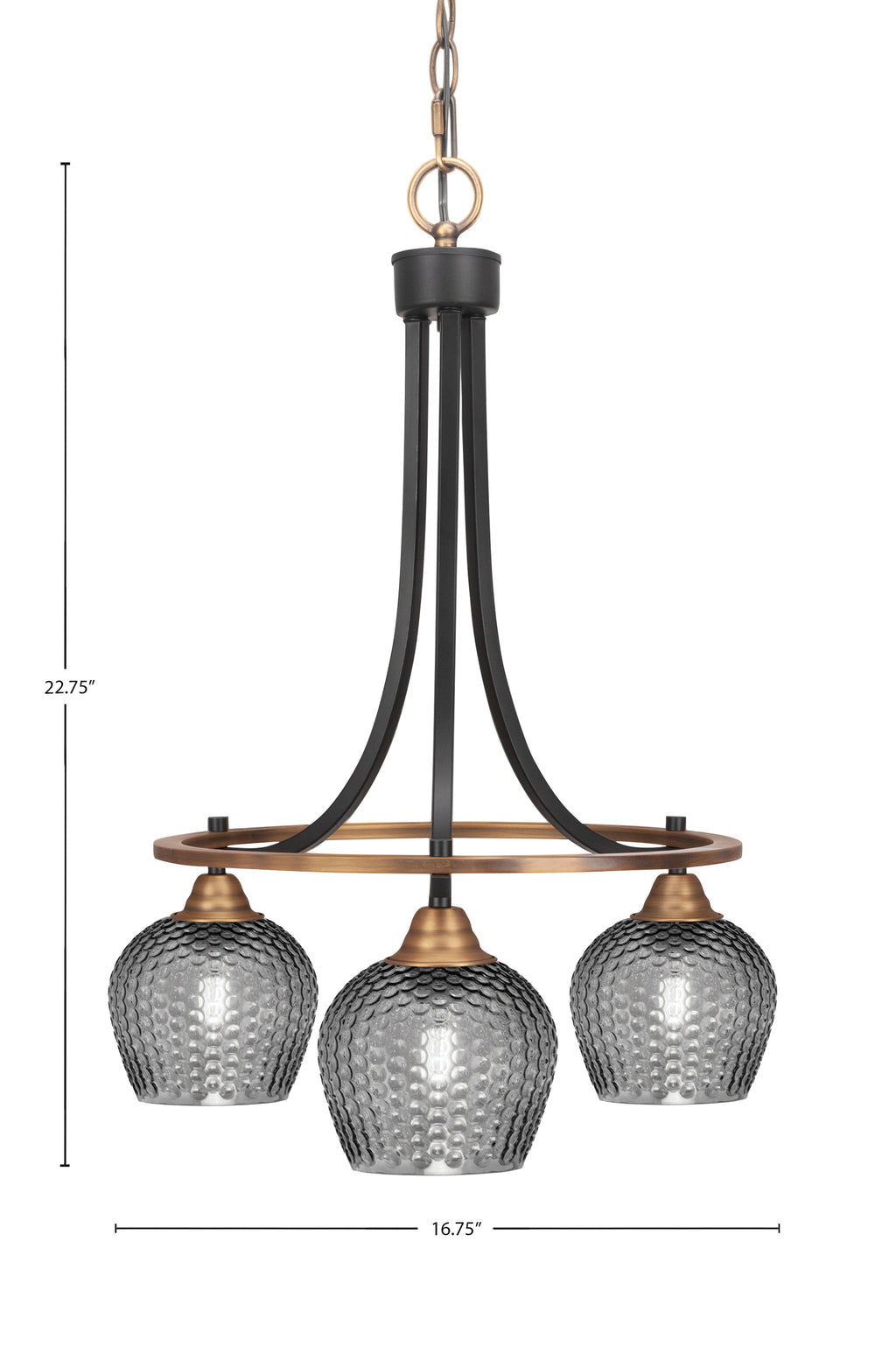 Paramount Three Light Chandelier in Matte Black & Brass with Smoke Textured Shade