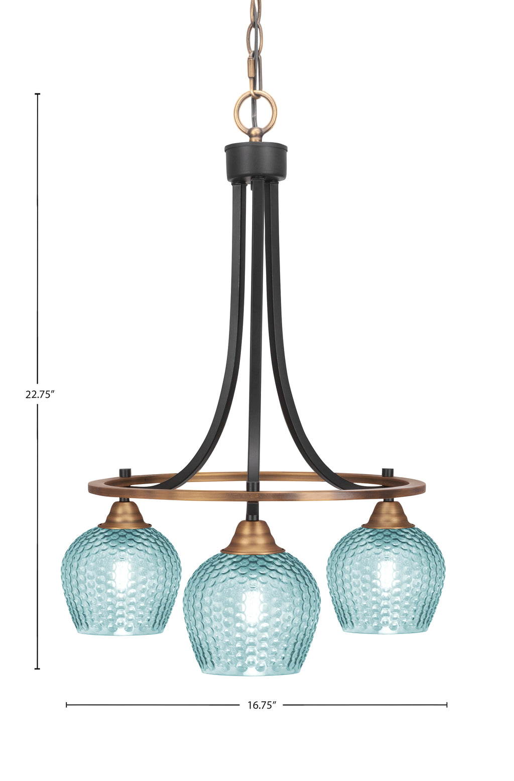 Paramount Three Light Chandelier in Matte Black & Brass with Turquoise Textured Shade