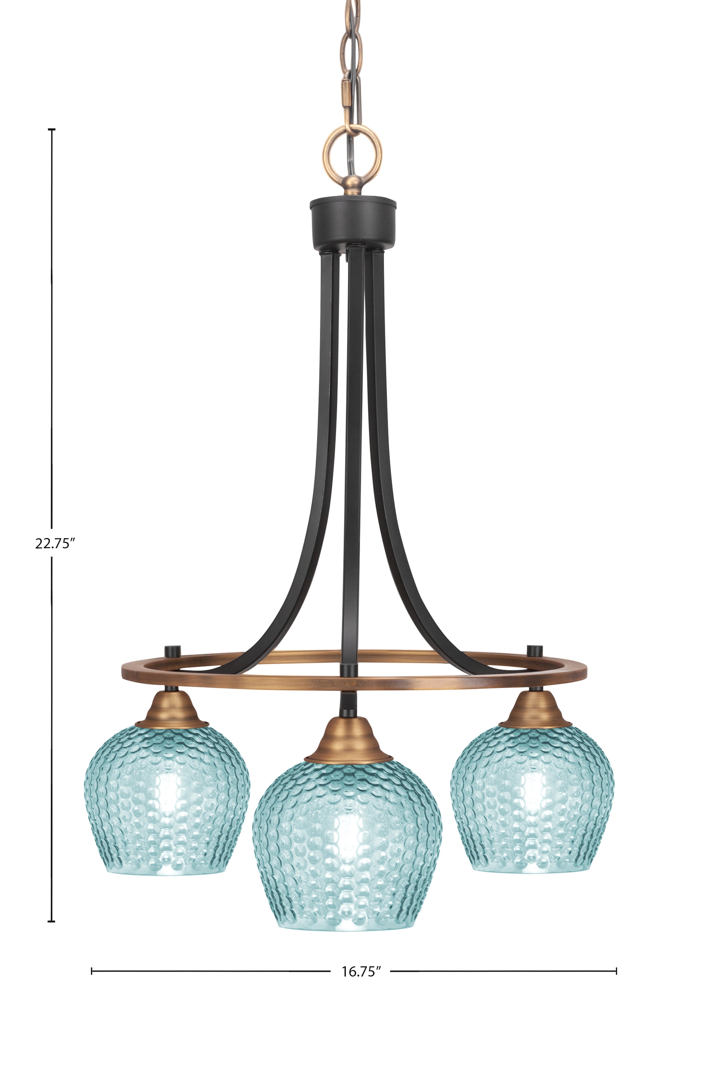 Paramount Three Light Chandelier in Matte Black & Brass with Turquoise Textured Shade