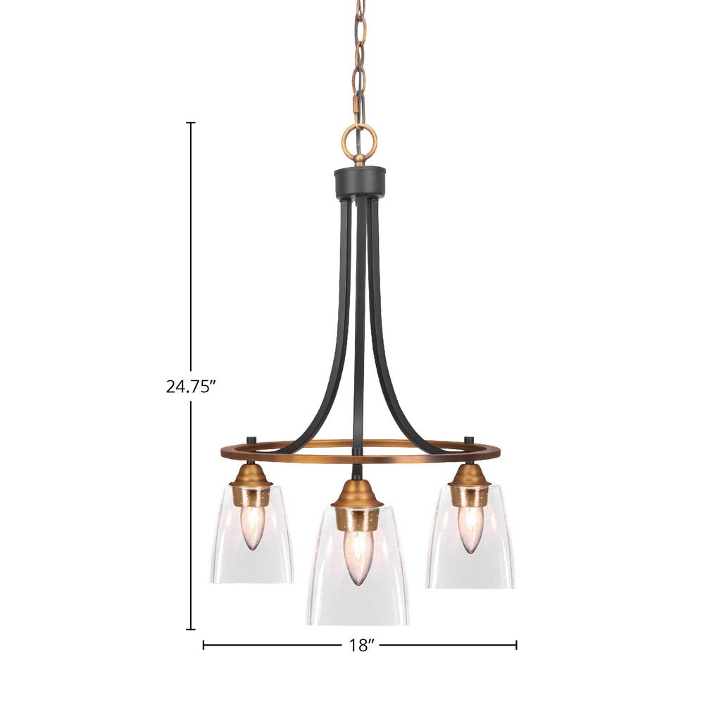 Paramount Three Light Chandelier in Matte Black & Brass with 4.5" Square Clear Bubble Shade