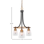 Paramount Three Light Chandelier in Matte Black & Brass with 4.5" Square Clear Bubble Shade