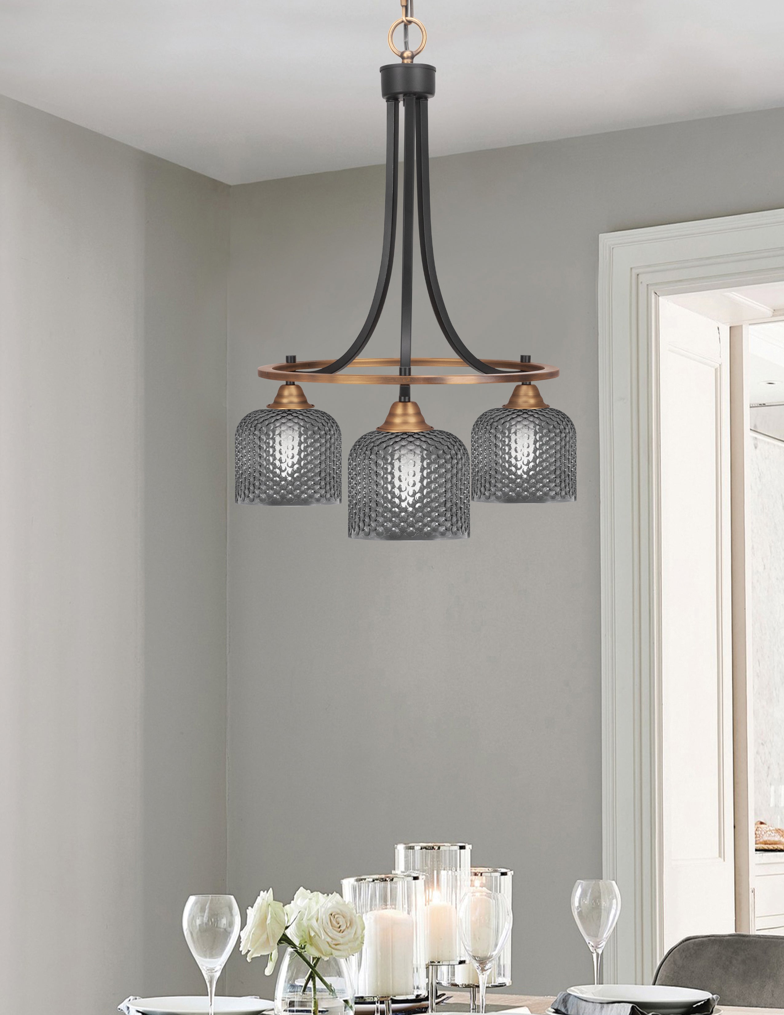 Paramount Three Light Chandelier in Matte Black & Brass with Smoke Textured Shade
