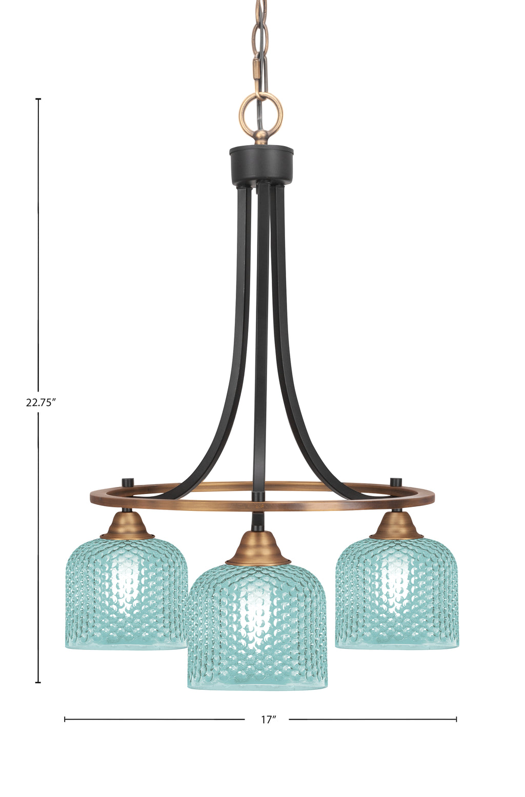 Paramount Three Light Chandelier in Matte Black & Brass with Turquoise Textured Shade