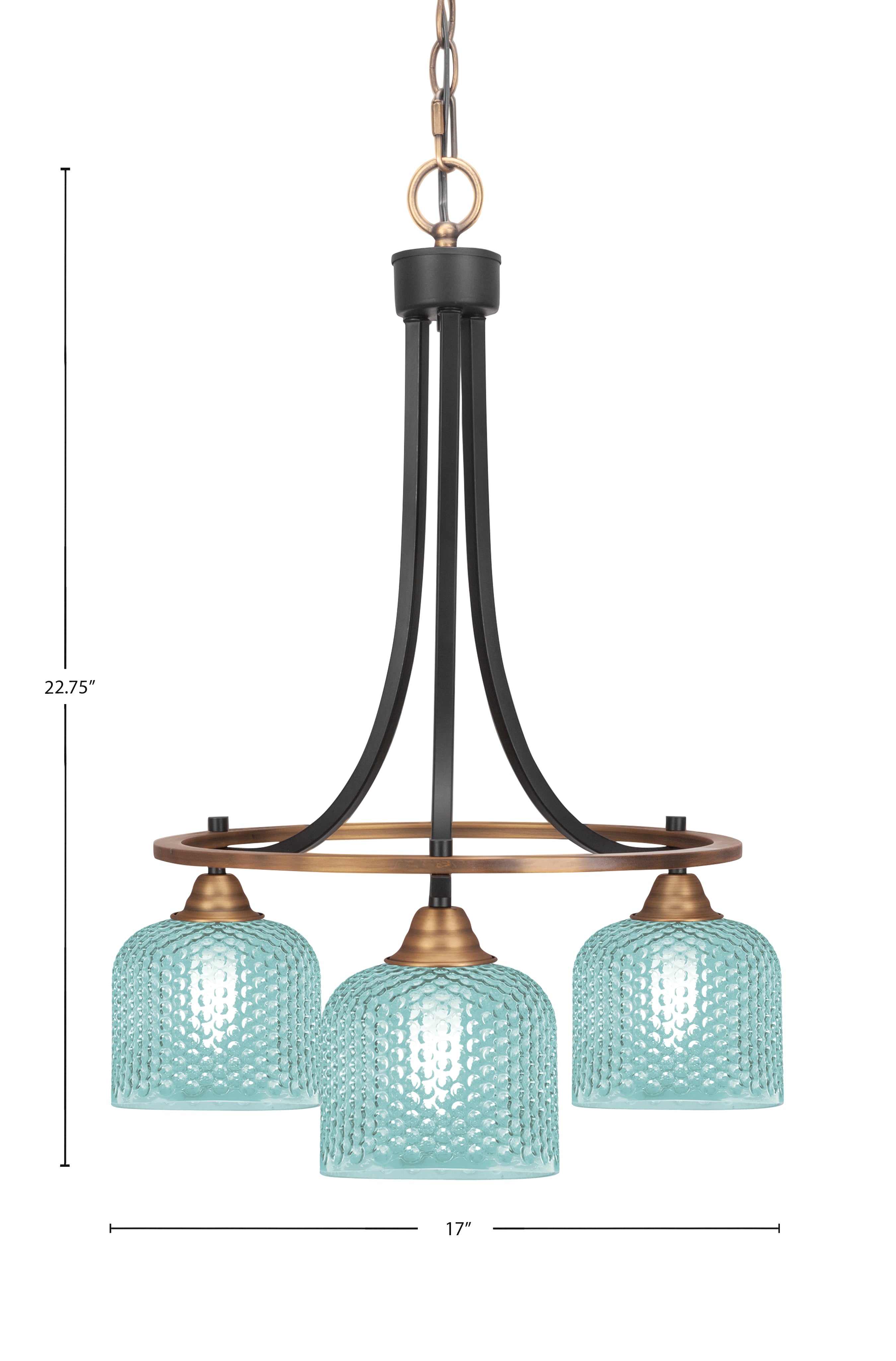 Paramount Three Light Chandelier in Matte Black & Brass with Turquoise Textured Shade