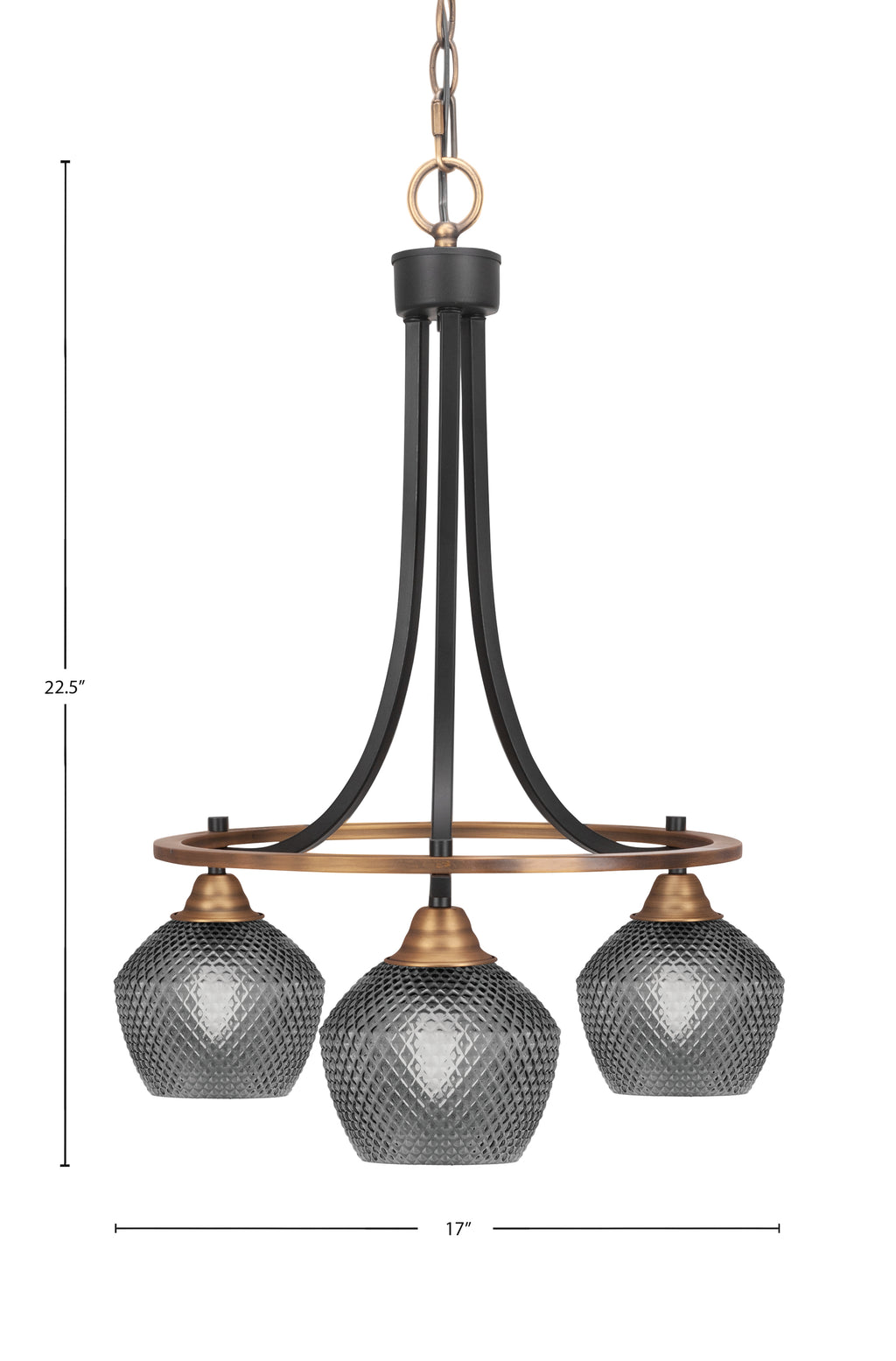 Paramount Three Light Chandelier in Matte Black & Brass with Smoke Textured Shade