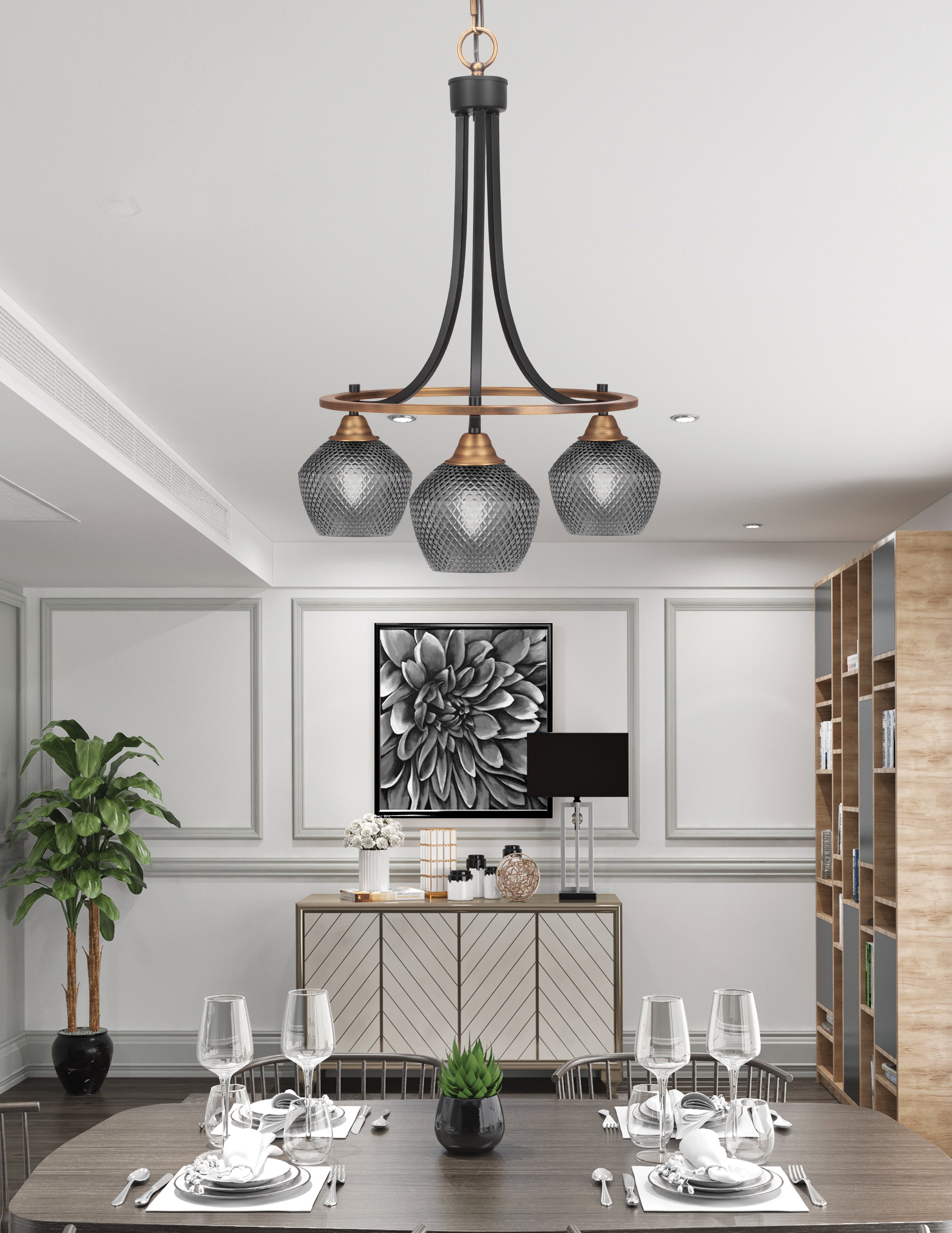 Paramount Three Light Chandelier in Matte Black & Brass with Smoke Textured Shade