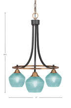 Paramount Three Light Chandelier in Matte Black & Brass with Turquoise Textured Shade