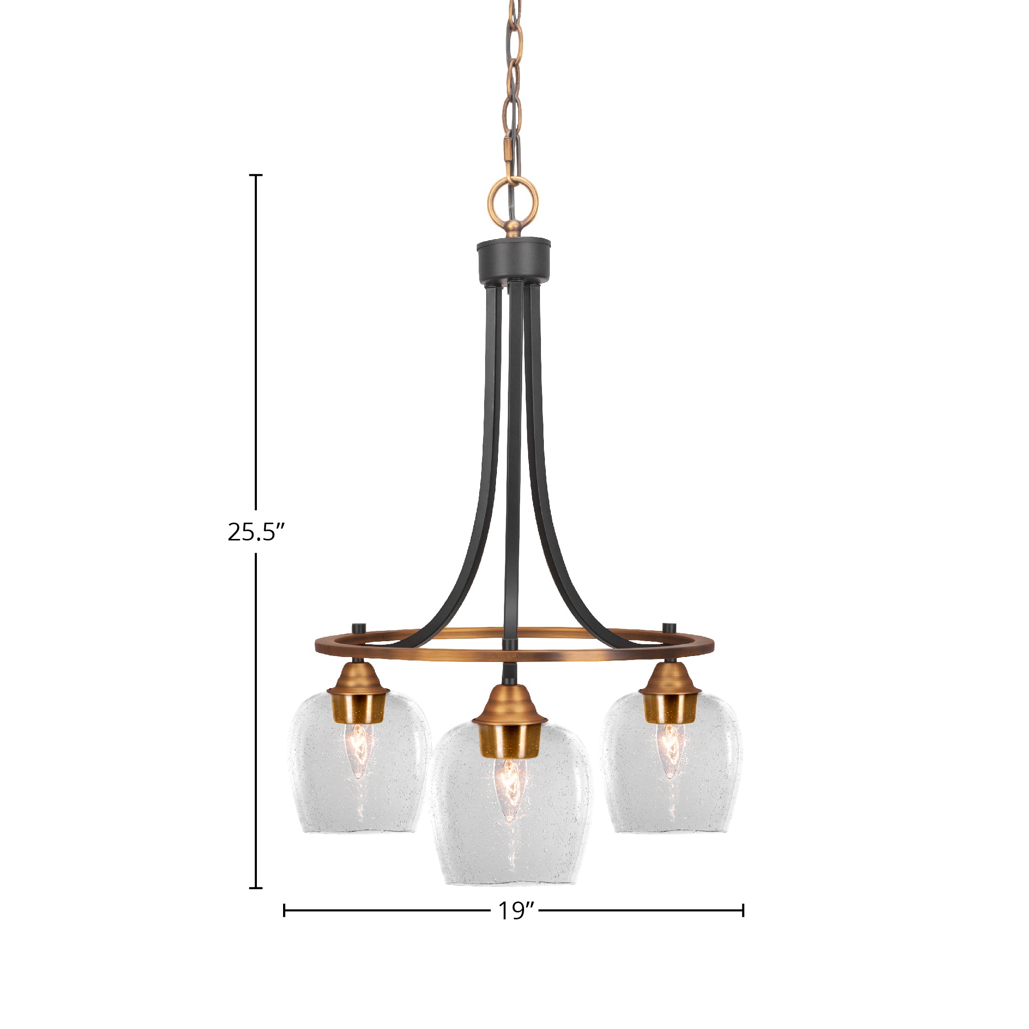 Paramount Three Light Chandelier in Matte Black & Brass with 6" Clear Bubble Shade