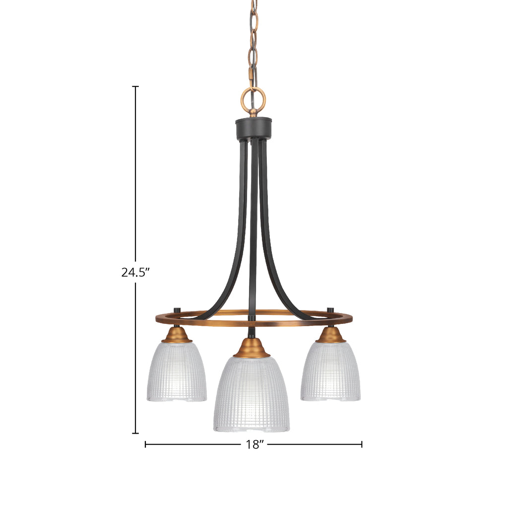 Paramount Three Light Chandelier in Matte Black & Brass with 5" Clear Ribbed Shade