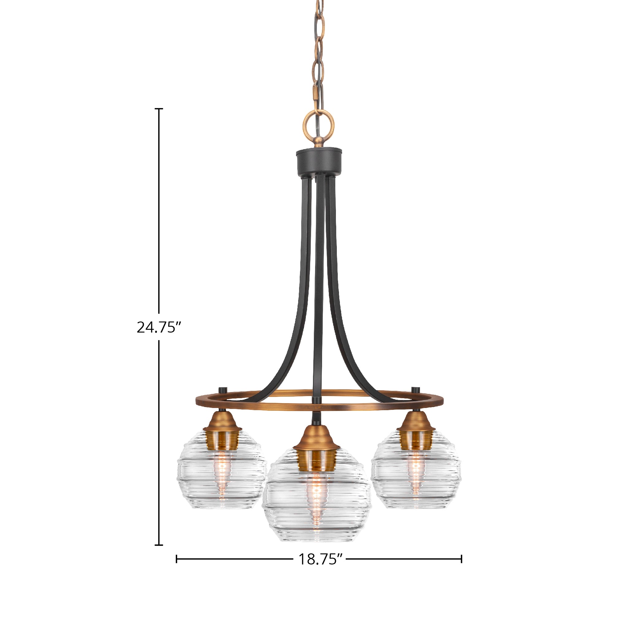Paramount Three Light Chandelier in Matte Black & Brass with 6" Clear Ribbed Shade