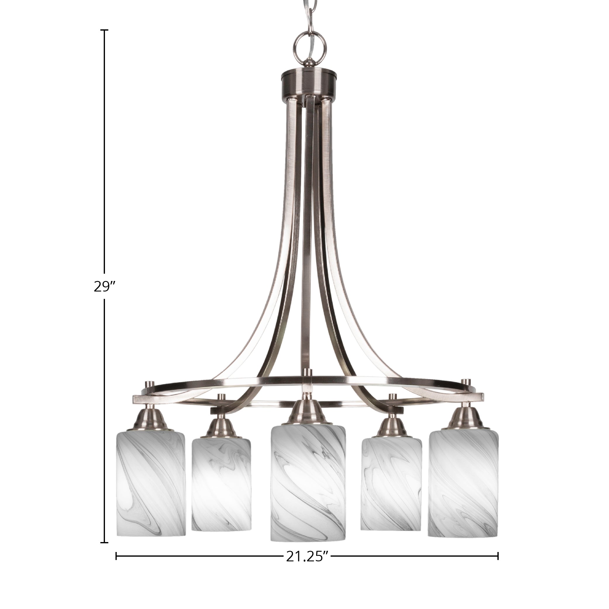 Paramount Five Light Chandelier in Brushed Nickel with 4" Onyx Swirl Shade