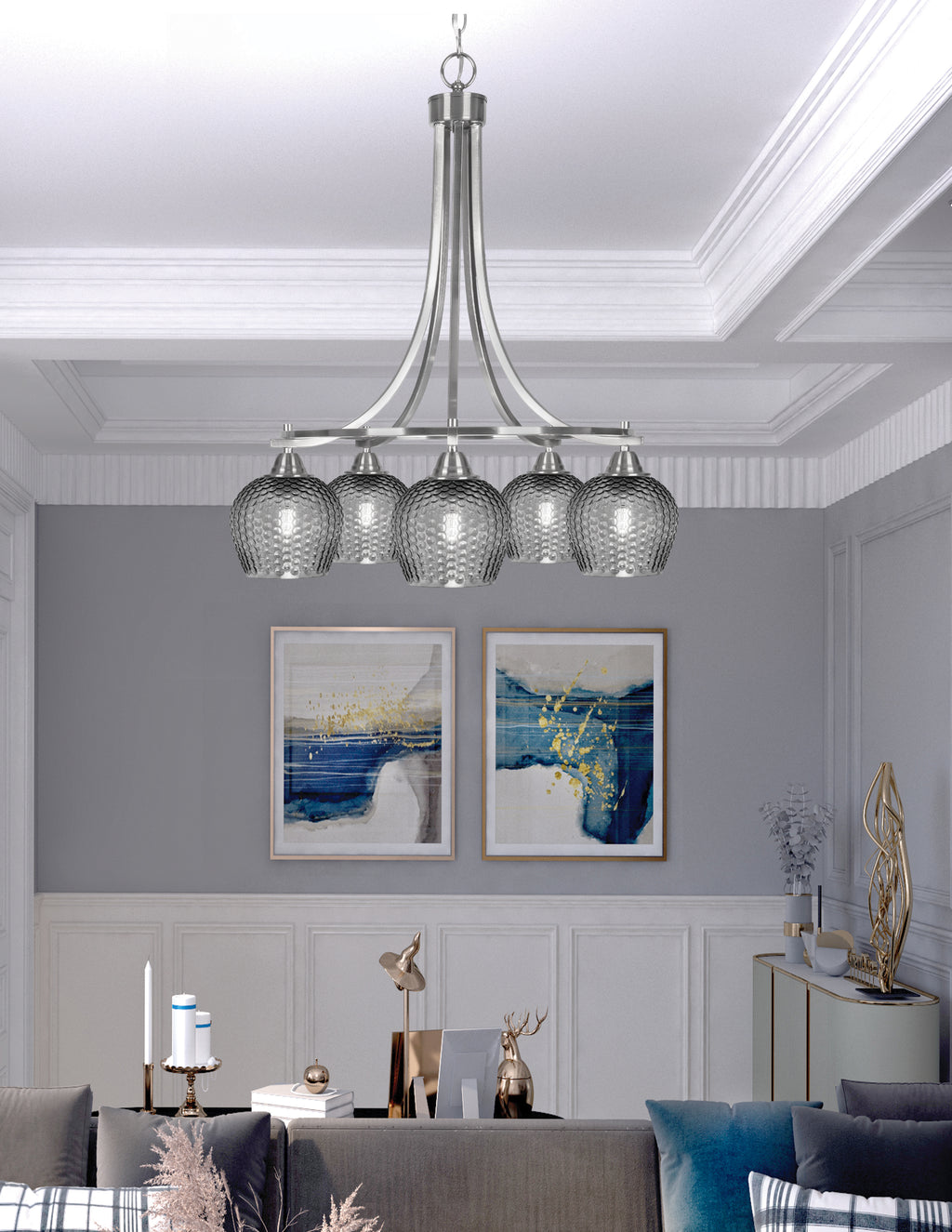 Paramount Five Light Chandelier in Brushed Nickel with Smoke Textured Shade