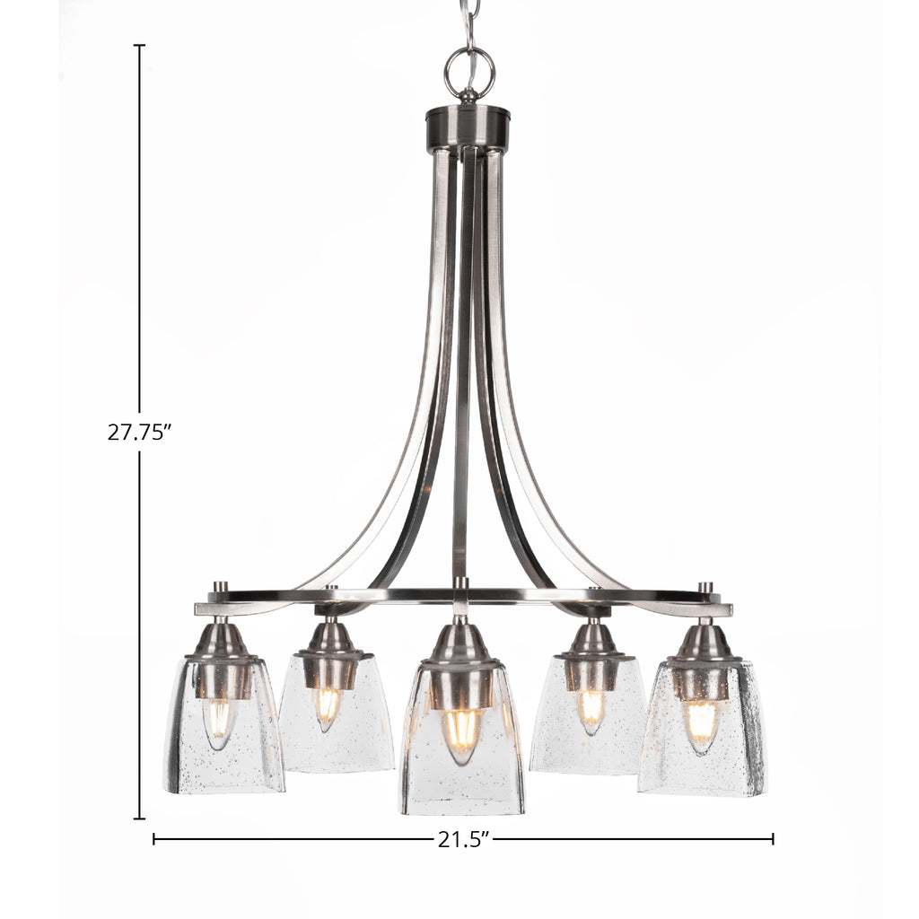 Paramount Five Light Chandelier in Brushed Nickel with 4.5" Square Clear Bubble Shade