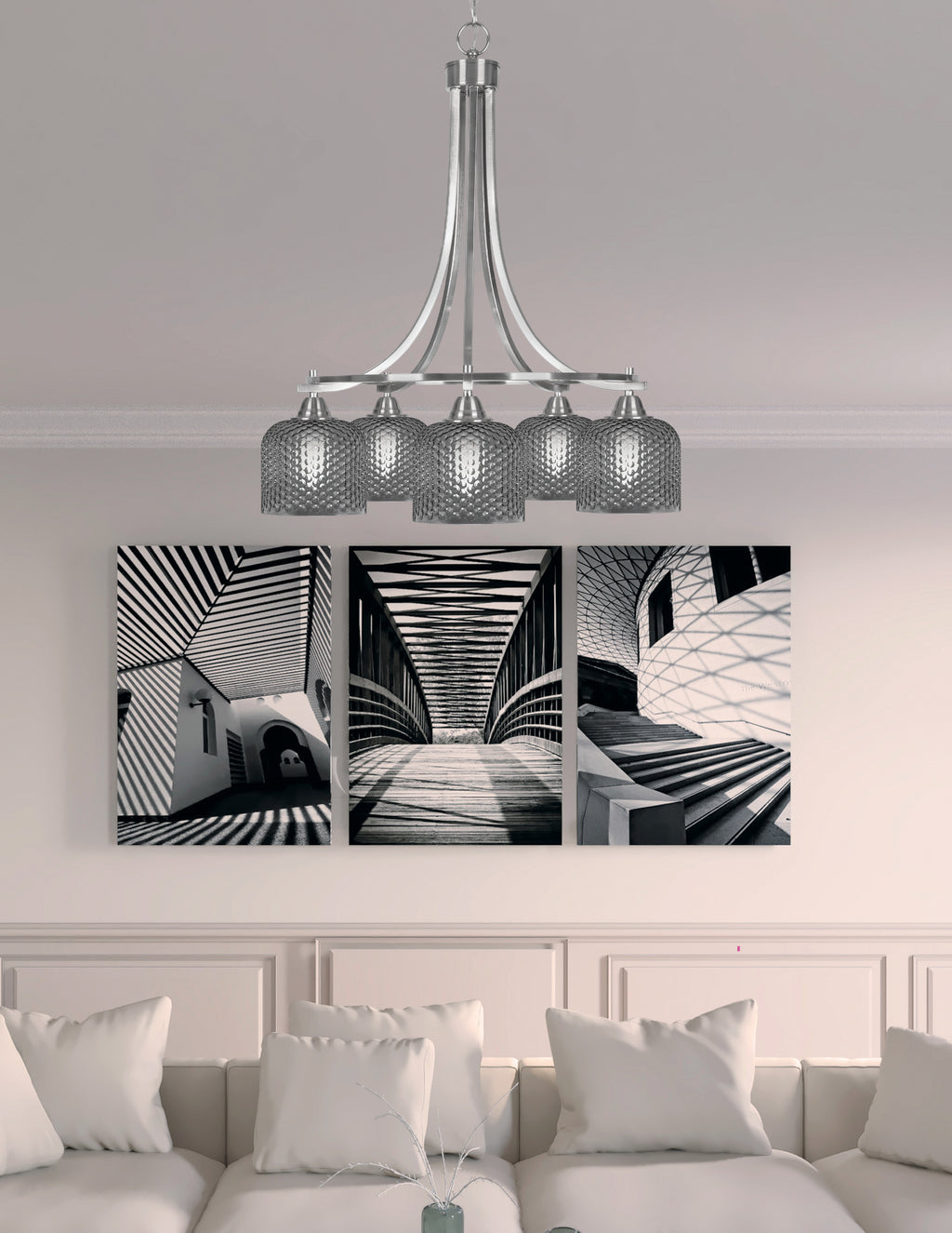 Paramount Five Light Chandelier in Brushed Nickel with Smoke Textured Shade
