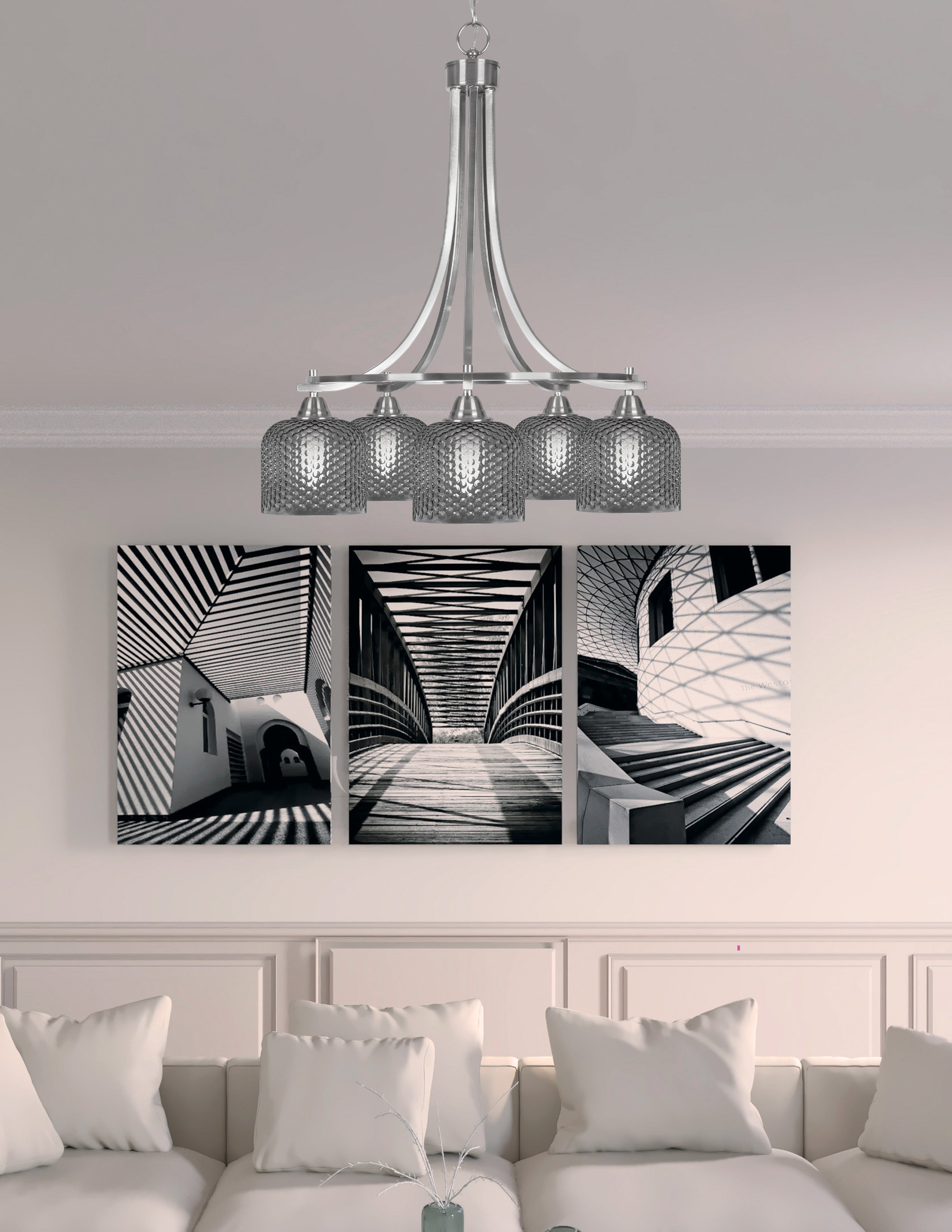 Paramount Five Light Chandelier in Brushed Nickel with Smoke Textured Shade
