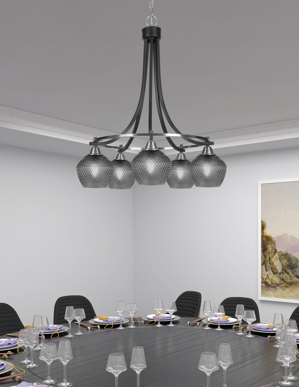 Paramount Five Light Chandelier in Brushed Nickel with Smoke Textured Shade