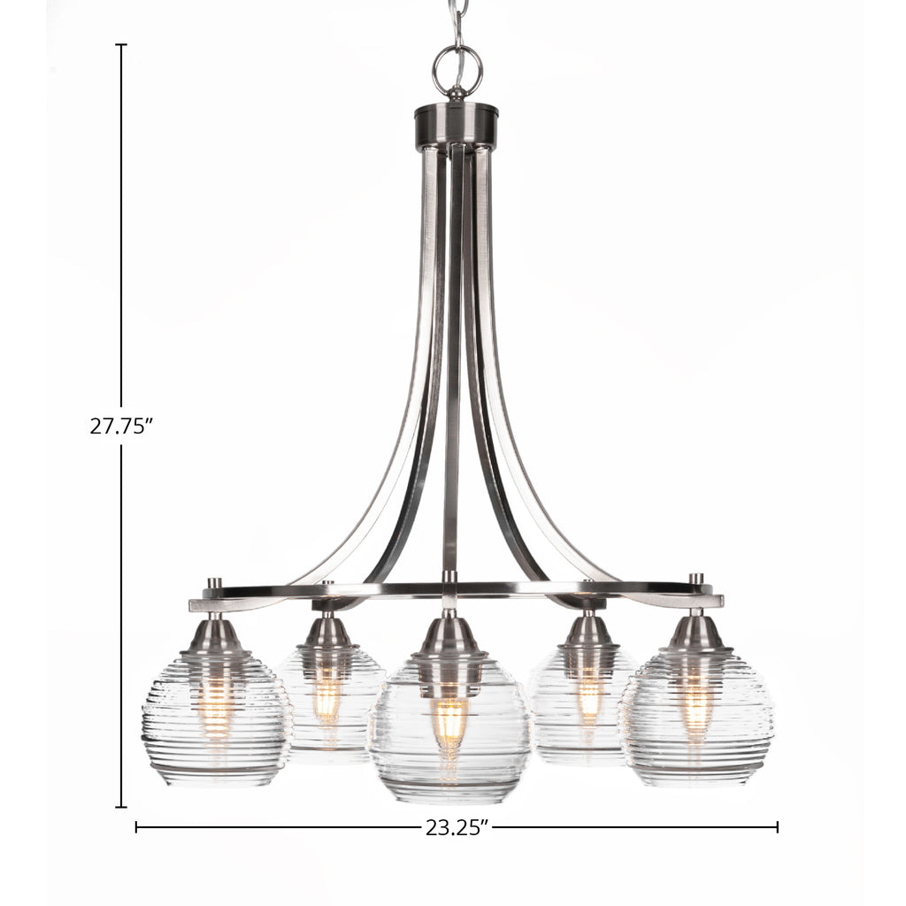 Paramount Five Light Chandelier in Brushed Nickel with 6" Clear Ribbed Shade