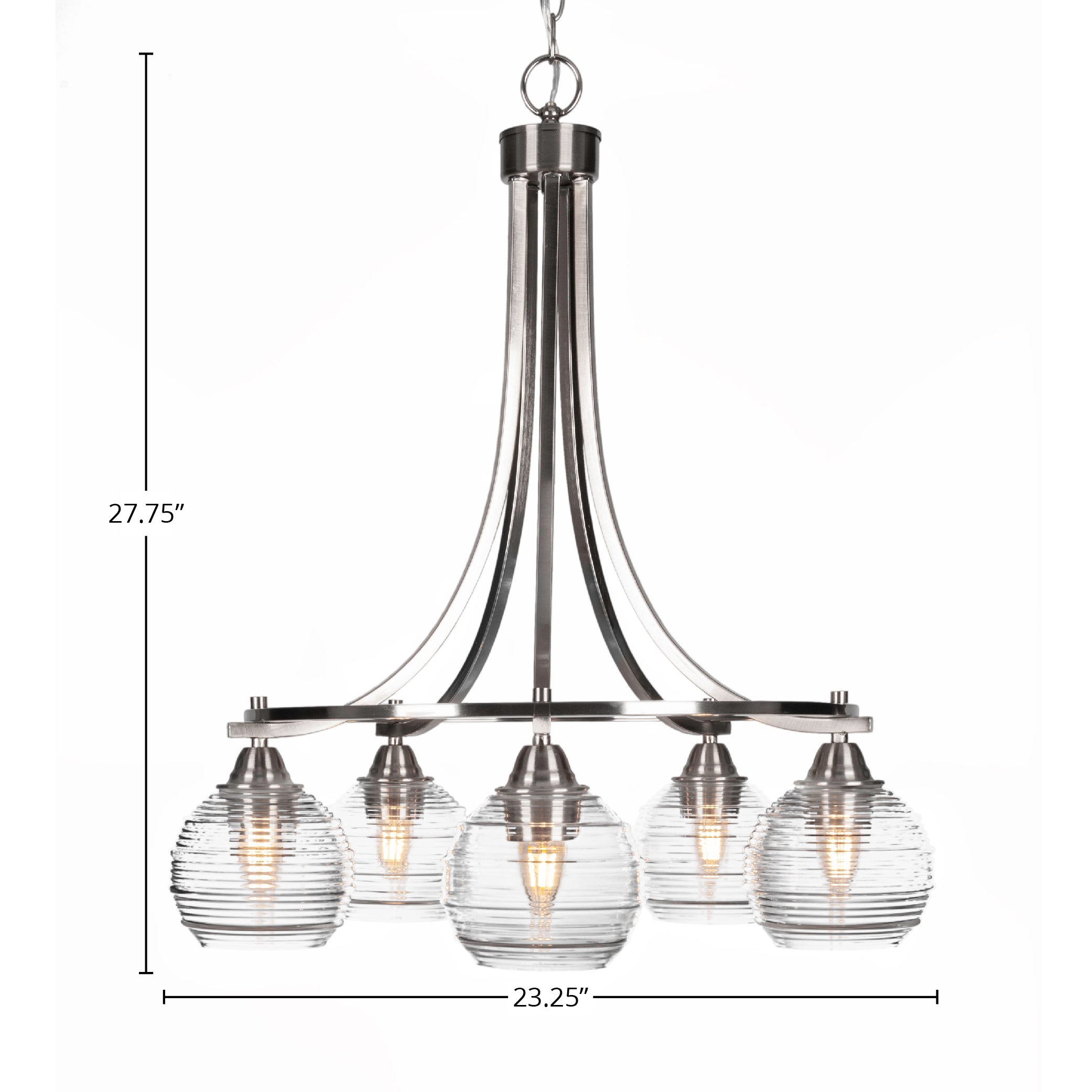 Paramount Five Light Chandelier in Brushed Nickel with 6" Clear Ribbed Shade