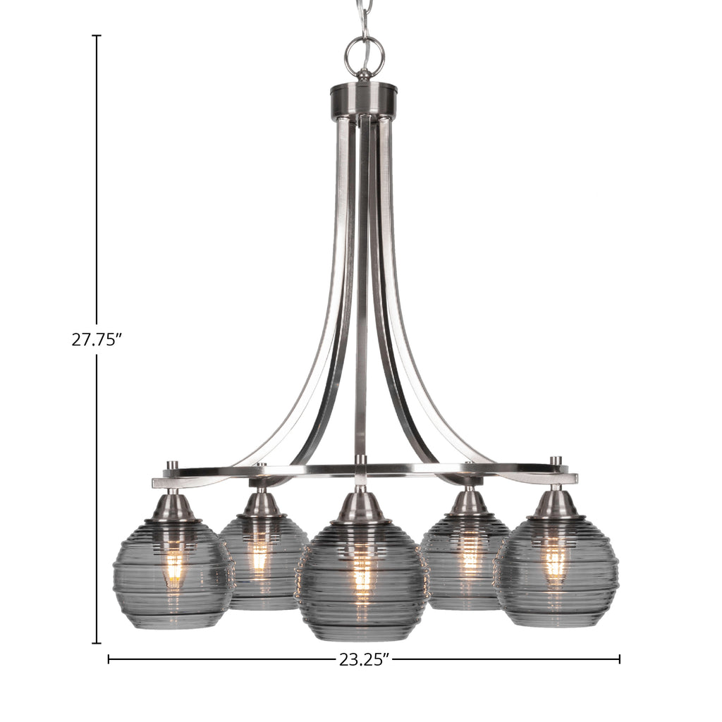 Paramount Five Light Chandelier in Brushed Nickel with 6" Smoke Ribbed Shade
