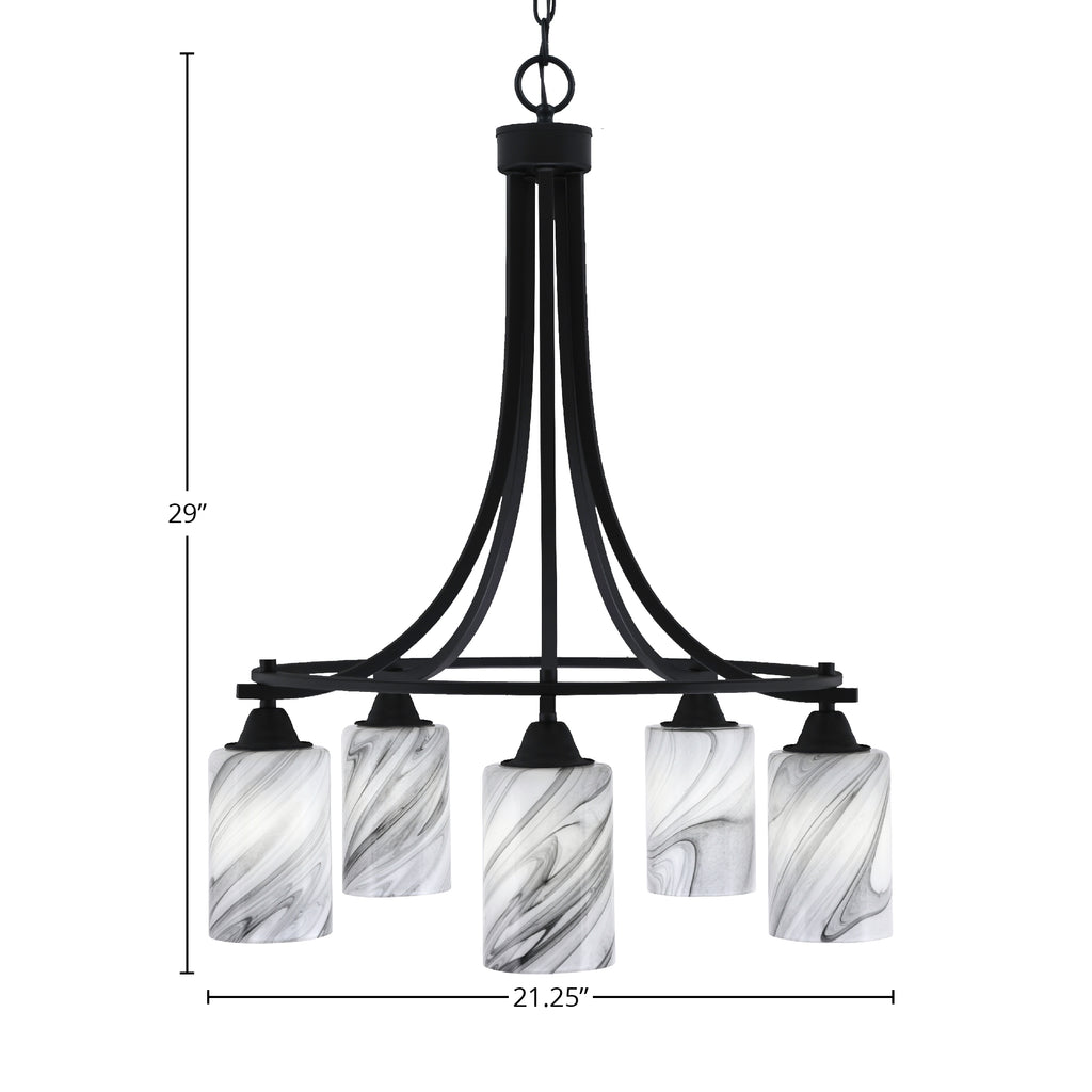 Paramount Five Light Chandelier in Matte Black with 4" Onyx Swirl Shade