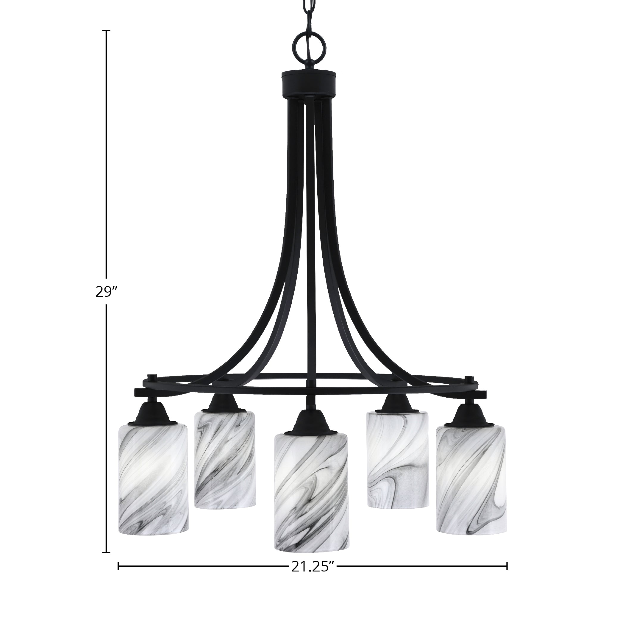 Paramount Five Light Chandelier in Matte Black with 4" Onyx Swirl Shade