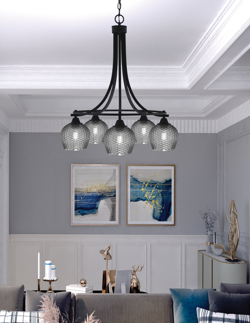 Paramount Five Light Chandelier in Matte Black with Smoke Textured Shade