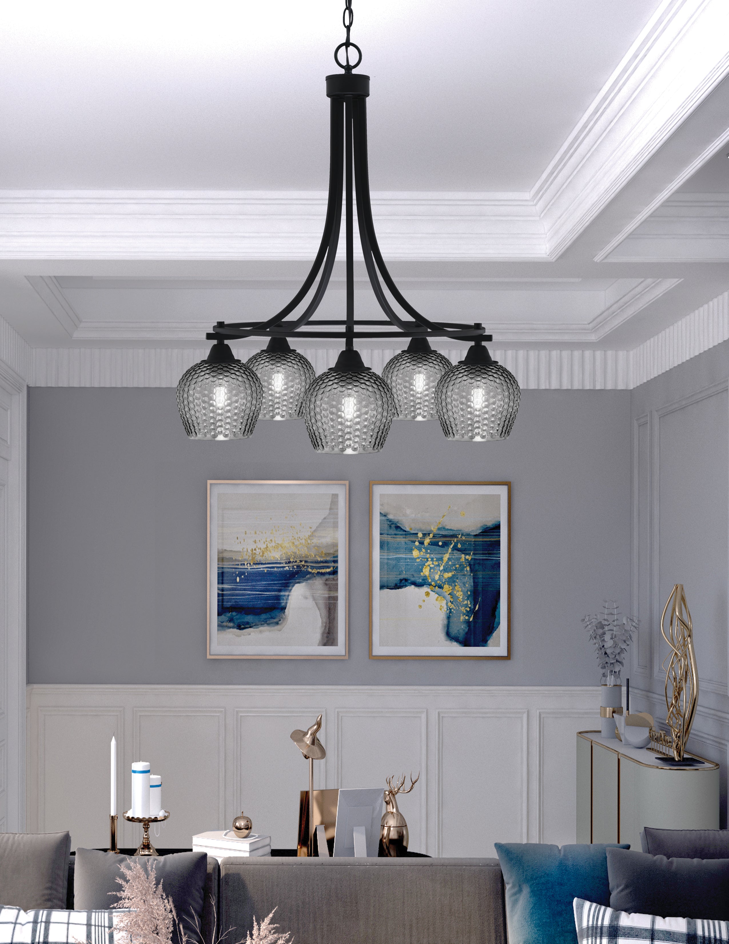 Paramount Five Light Chandelier in Matte Black with Smoke Textured Shade