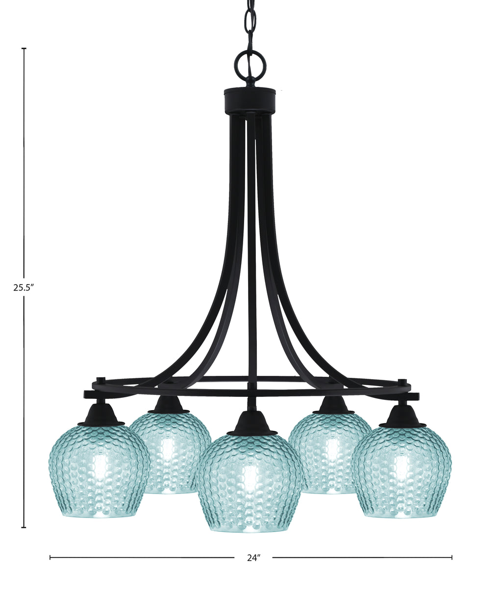 Paramount Five Light Chandelier in Matte Black with Turquoise Textured Shade