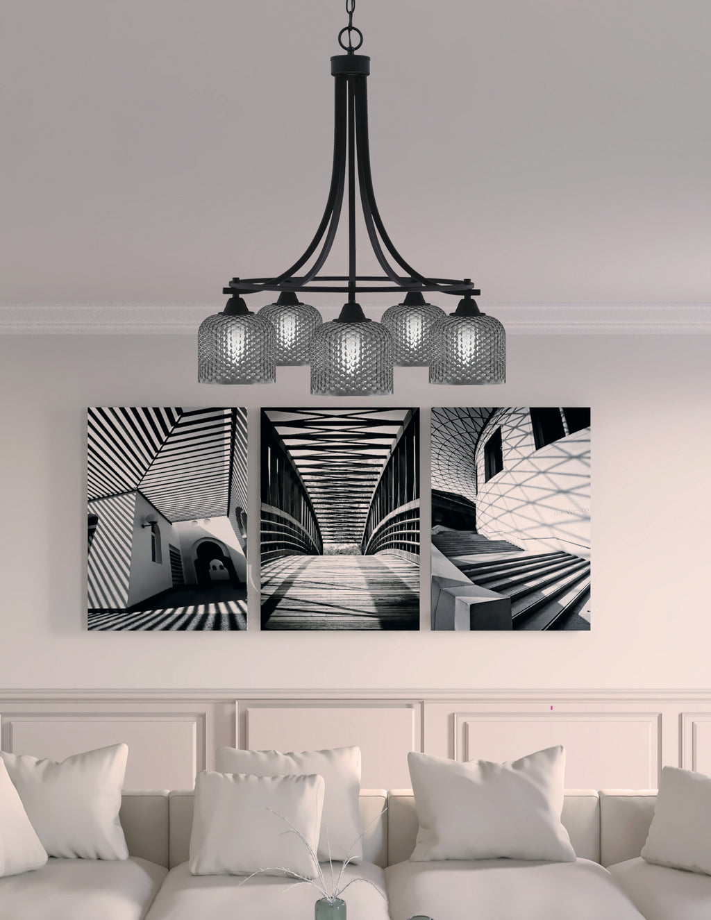 Paramount Five Light Chandelier in Matte Black with Smoke Textured Shade