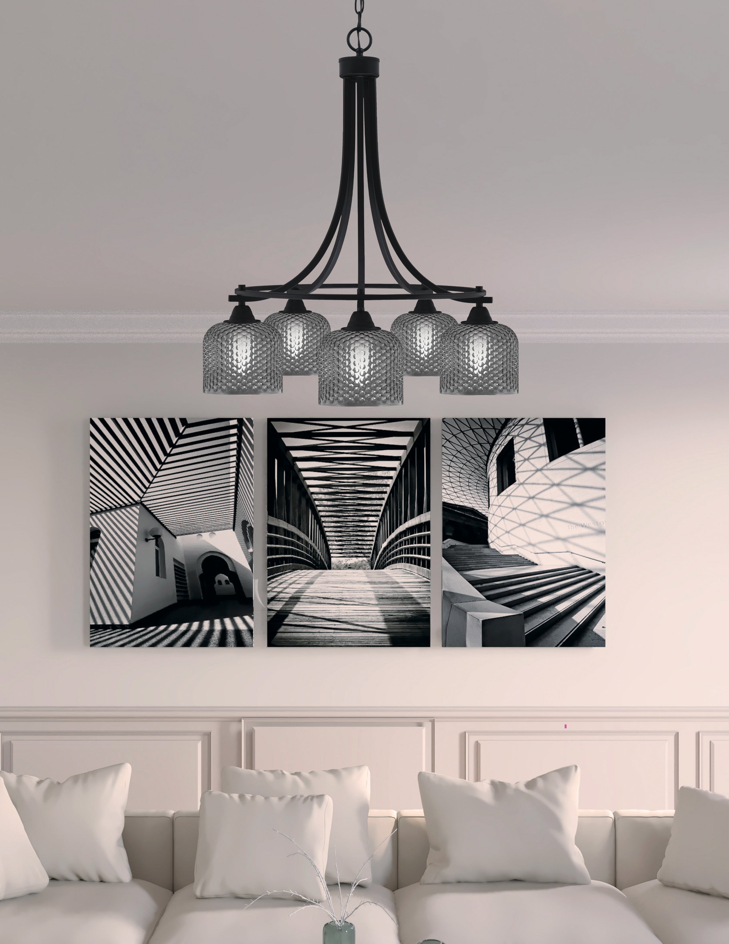 Paramount Five Light Chandelier in Matte Black with Smoke Textured Shade