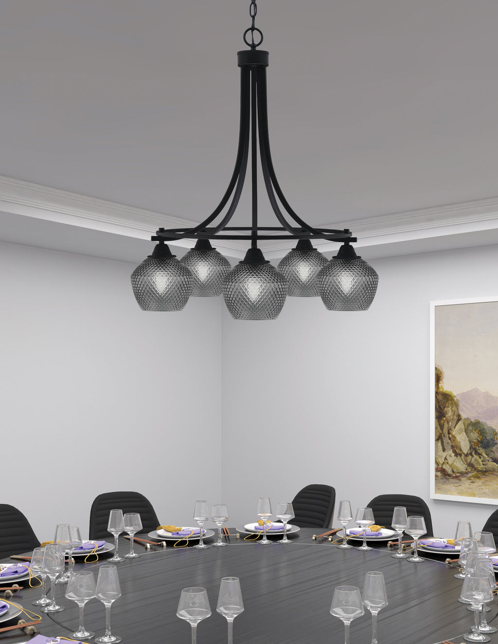 Paramount Five Light Chandelier in Matte Black with Smoke Textured Shade
