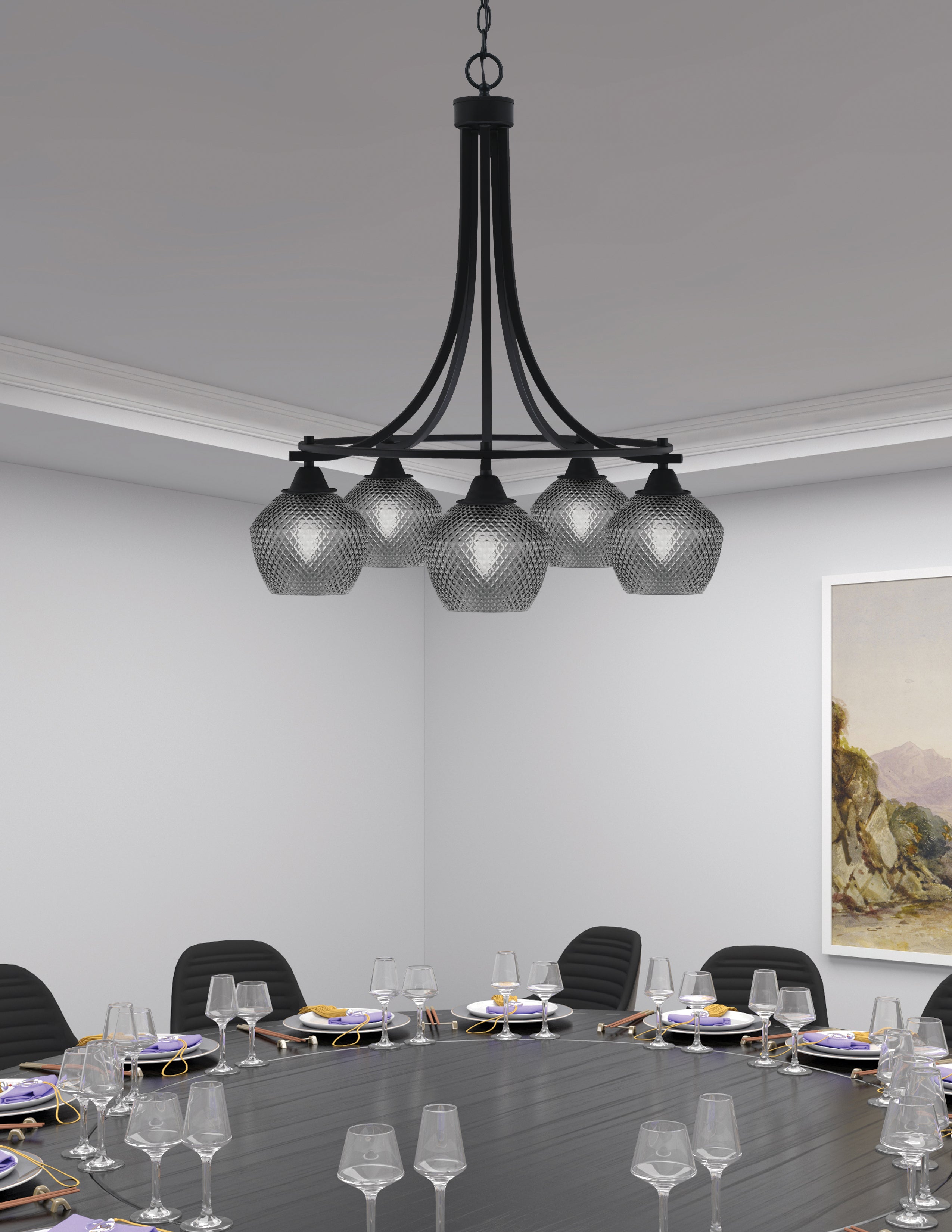 Paramount Five Light Chandelier in Matte Black with Smoke Textured Shade