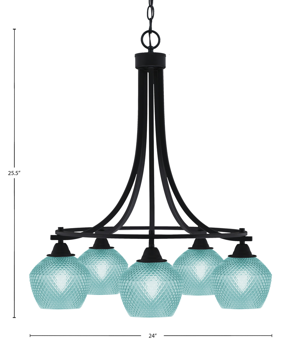 Paramount Five Light Chandelier in Matte Black with Turquoise Textured Shade