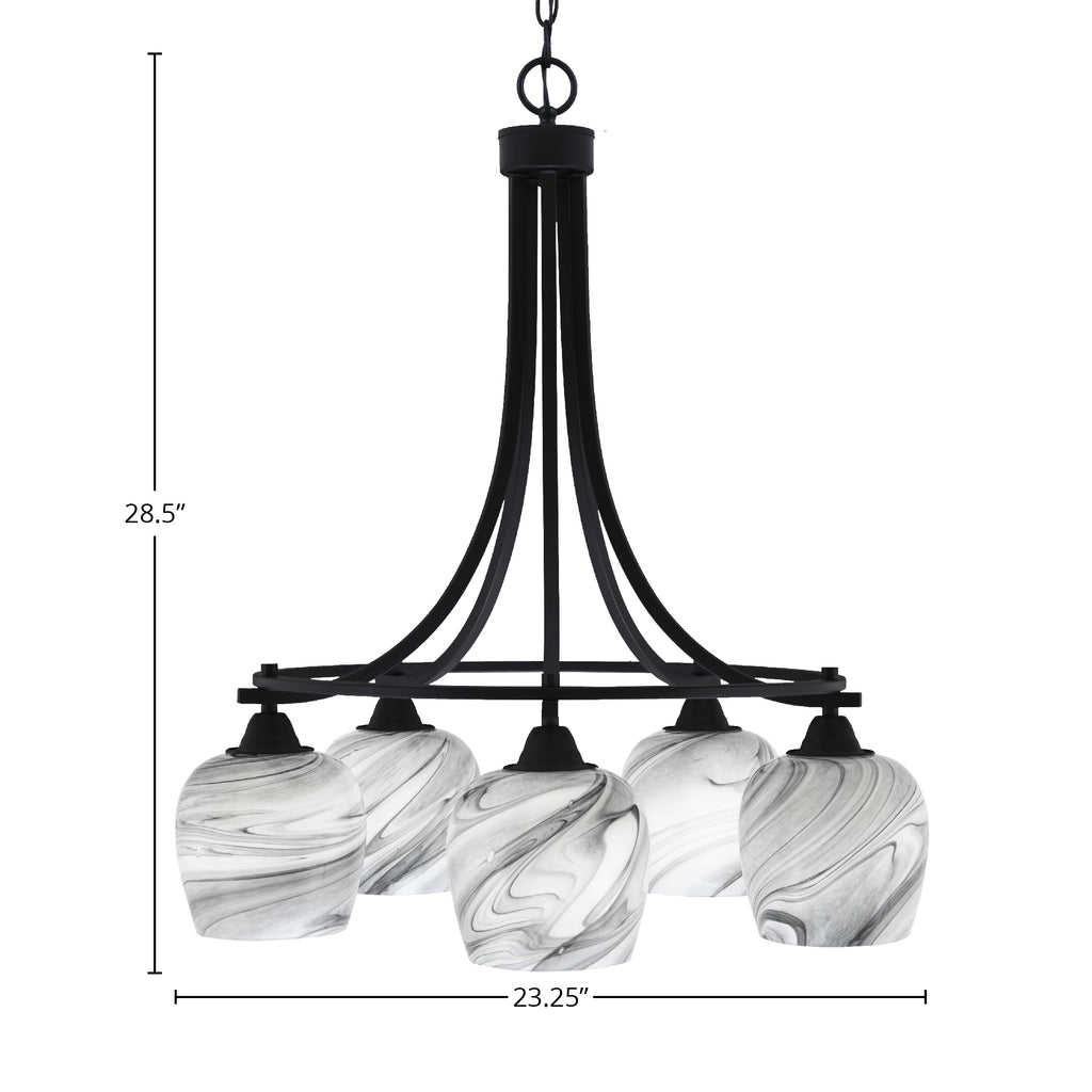 Paramount Five Light Chandelier in Matte Black with 6" Onyx Swirl Shade